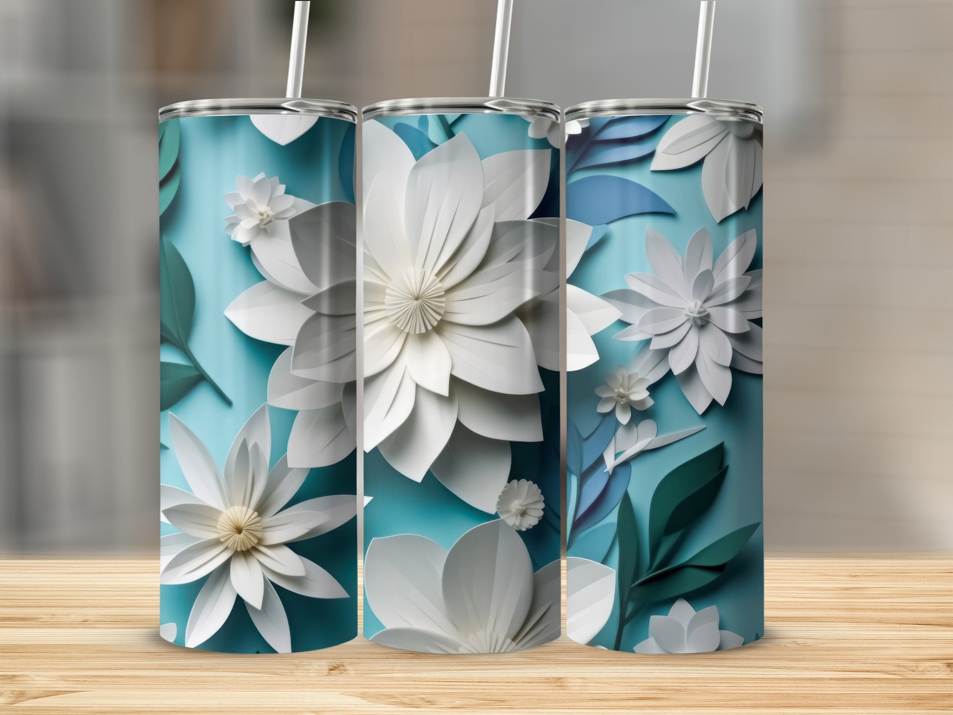 Blue White Geometric Floral Design Stainless Steel Tumblers