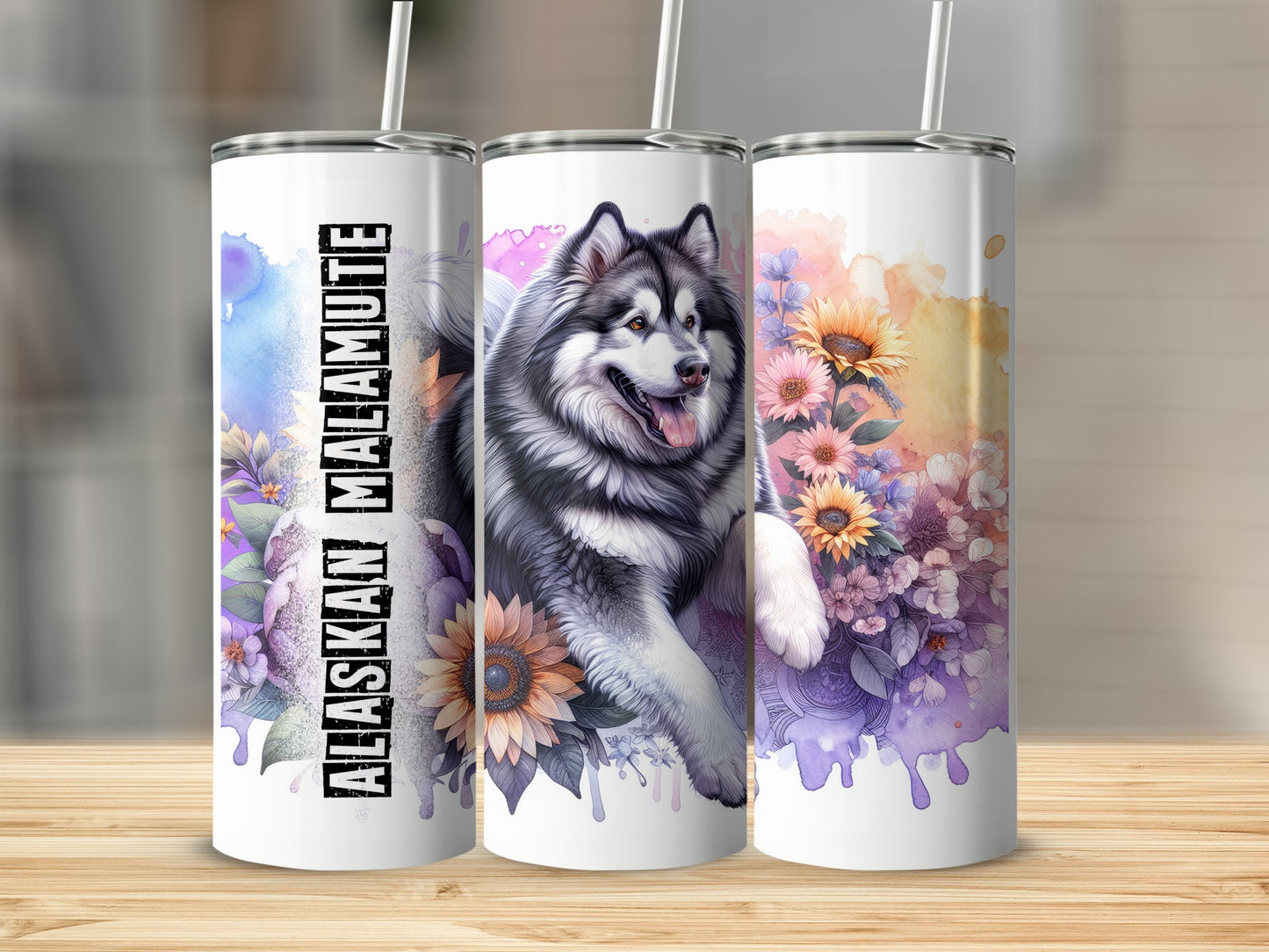 Three tumblers featuring an Alaskan Malamute illustration with floral accents.