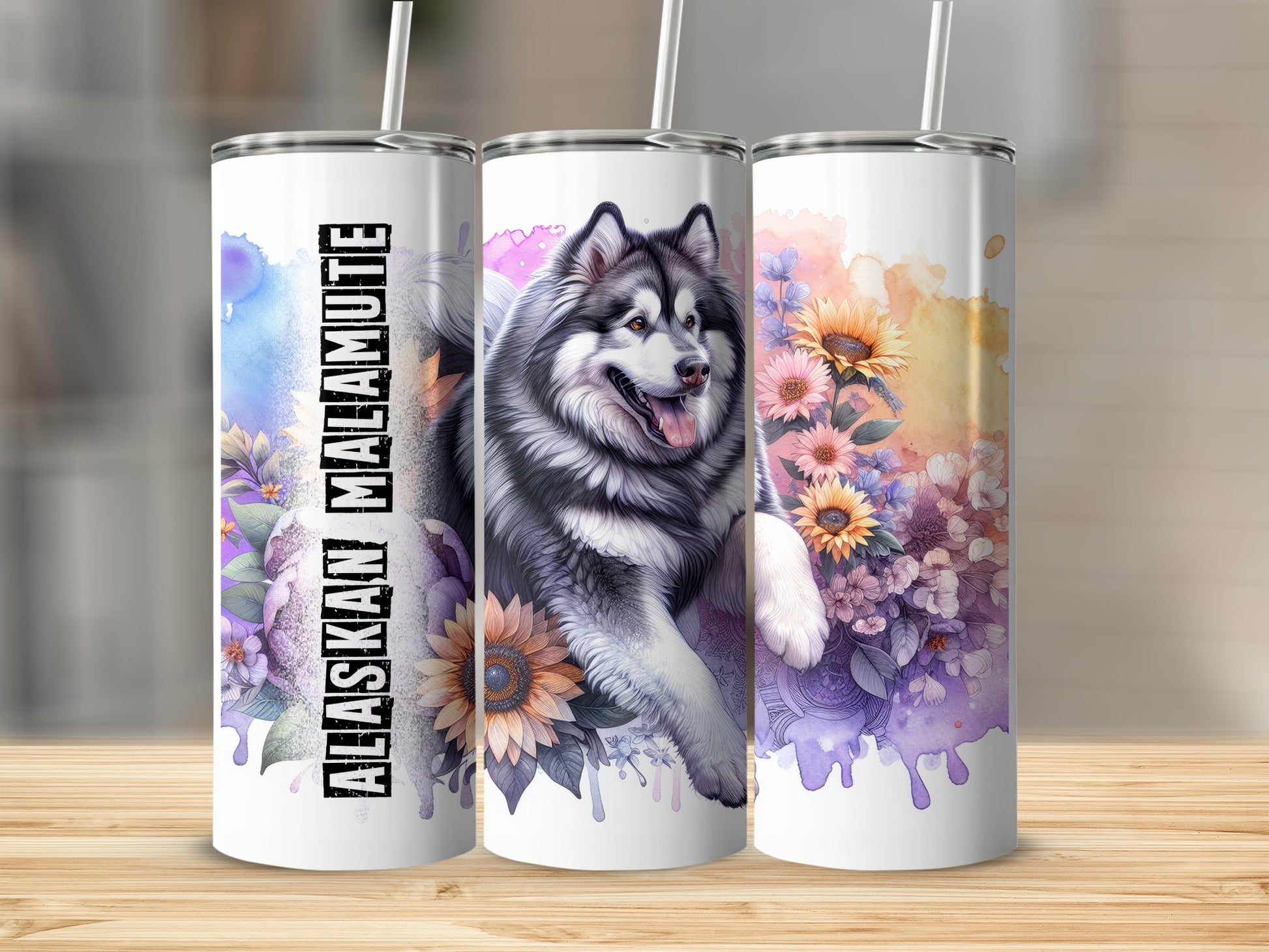 Three tumblers featuring an Alaskan Malamute illustration with floral accents.