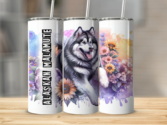 Three tumblers featuring an Alaskan Malamute illustration with floral accents.