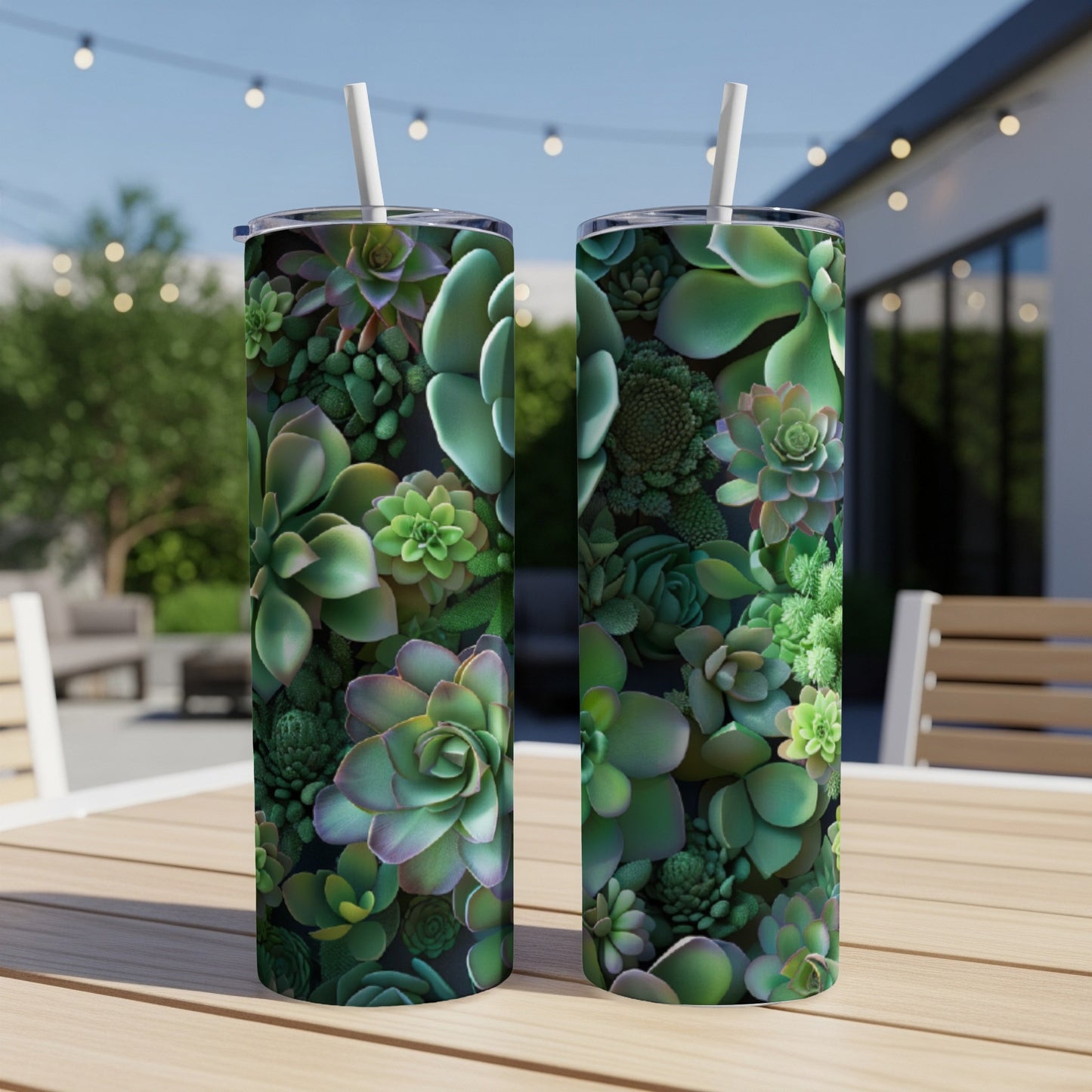 Two tumblers covered in lush green succulent plants on a wooden table outdoors.