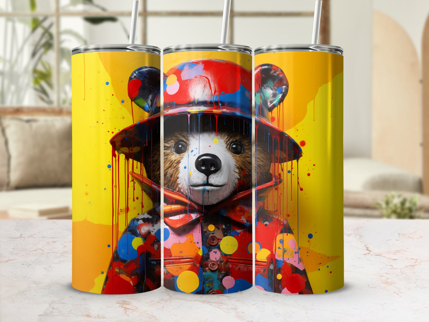 Vibrant Colorful Bear in Raincoat Design Tumbler