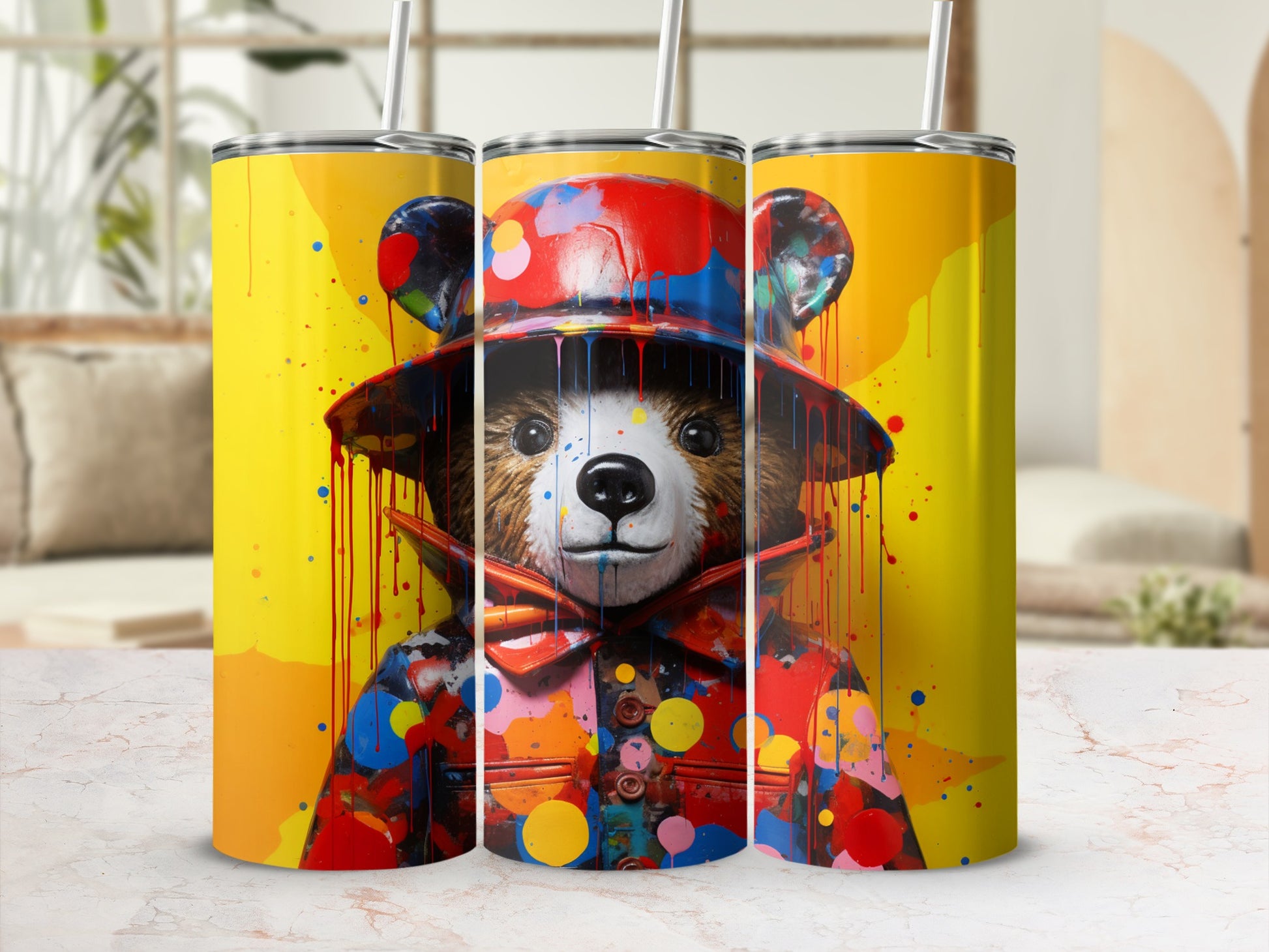 Vibrant Colorful Bear in Raincoat Design Tumbler