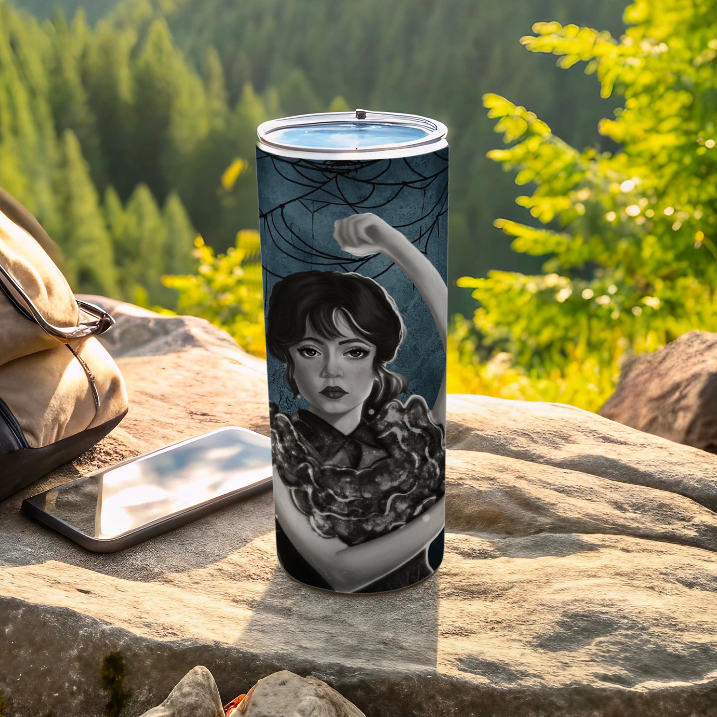 Woman with Wavy Hair and Raised Arm Travel Tumbler