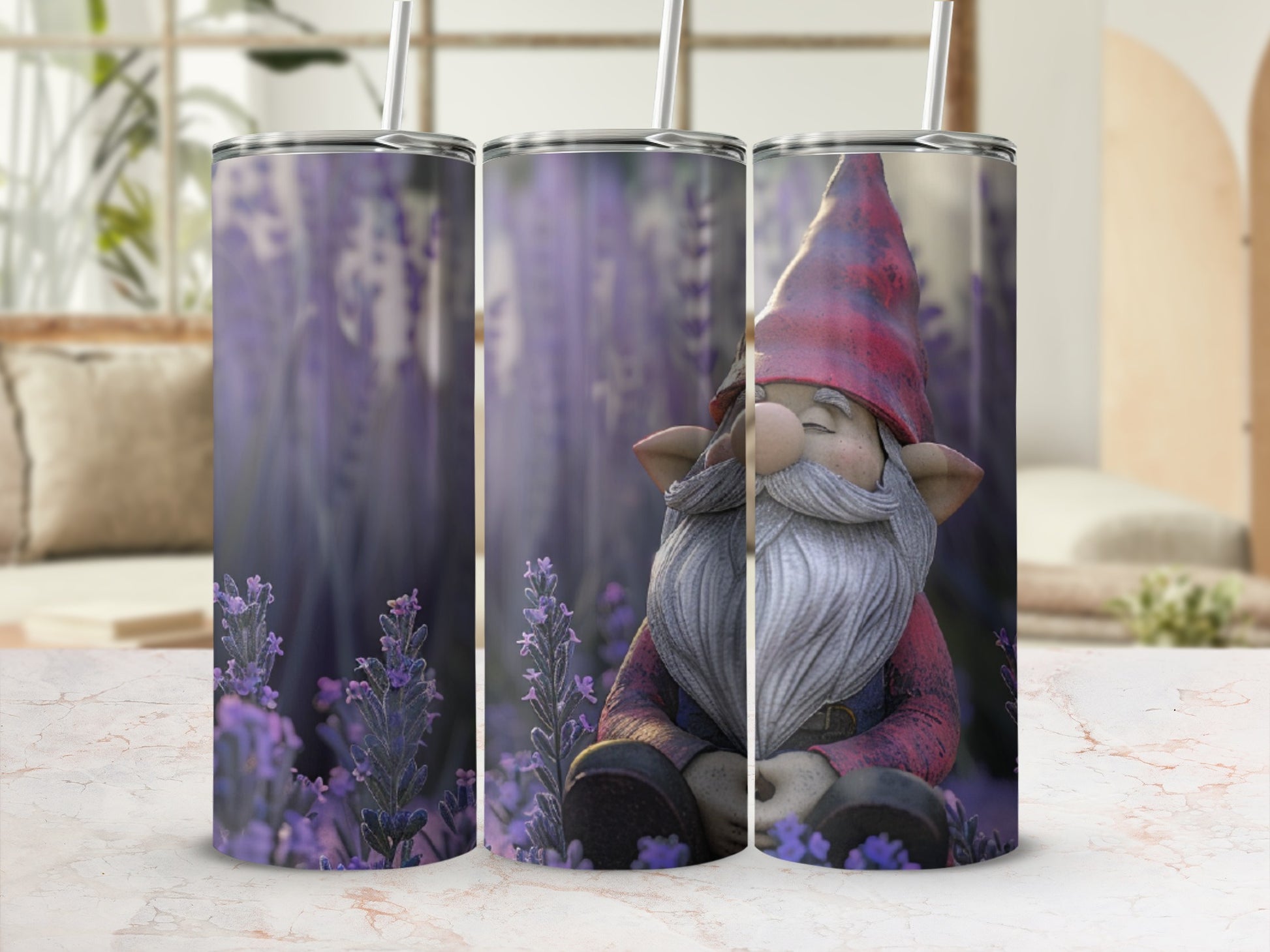 Three tumblers featuring a gnome sitting in a field of lavender.