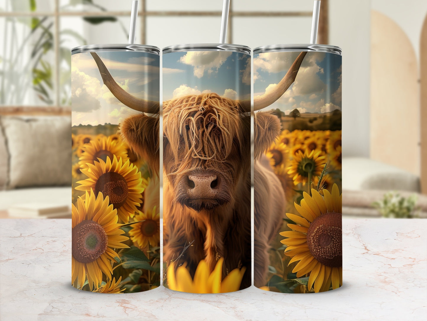 Highland cow with sunflowers on a tumbler with a rustic background.