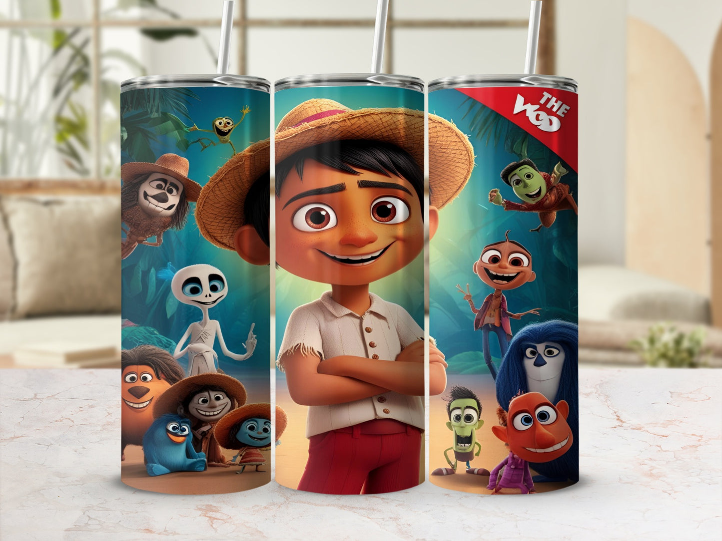 Animated characters, including a boy with arms crossed, on a patterned tumbler.
