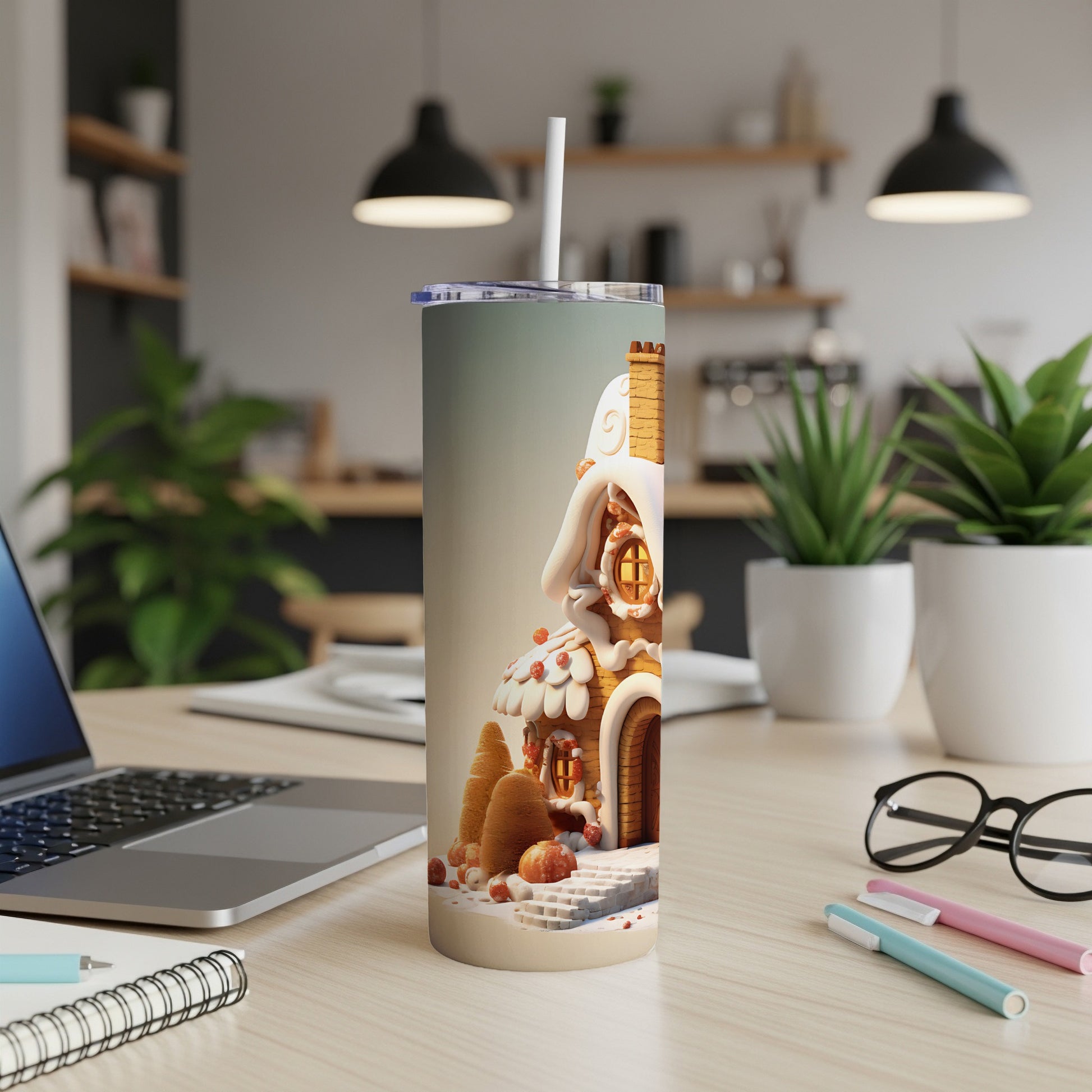 Gingerbread house tumbler with straw on a desk.