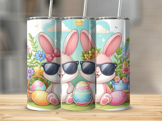 Easter bunnies in sunglasses with colorful eggs and flowers on a wooden surface.