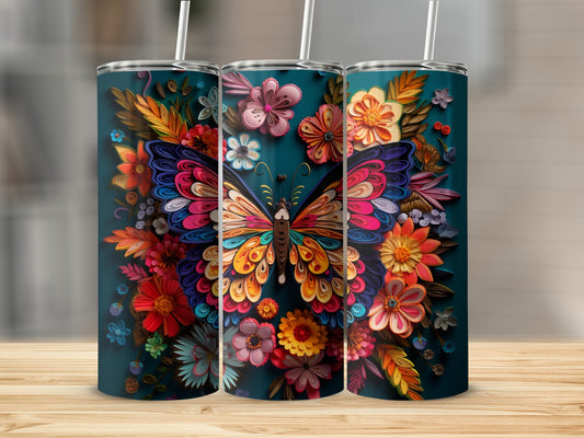 Tumbler with a colorful butterfly and floral design.