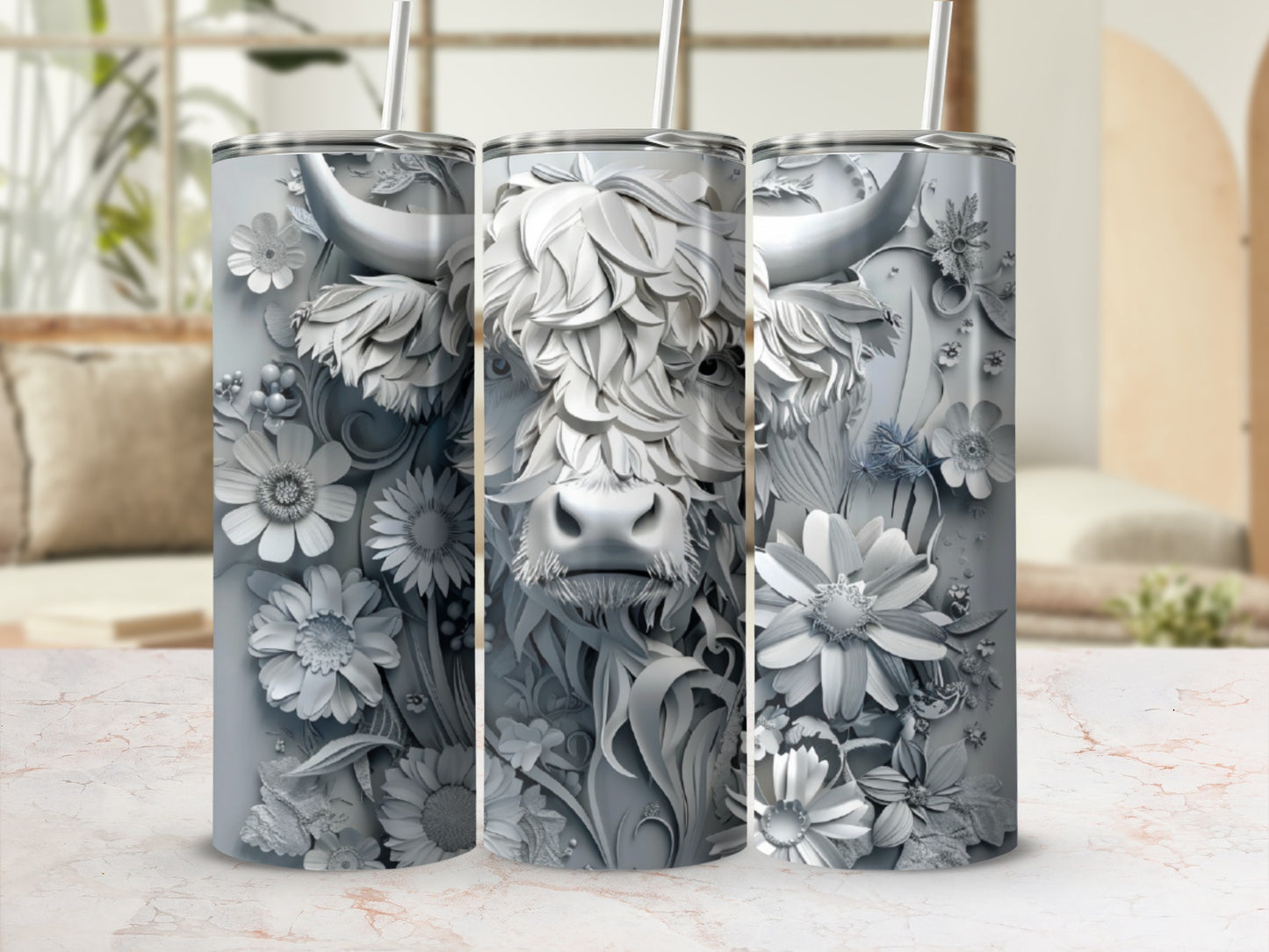 Gray Highland cow with floral embellishments on a tumbler.