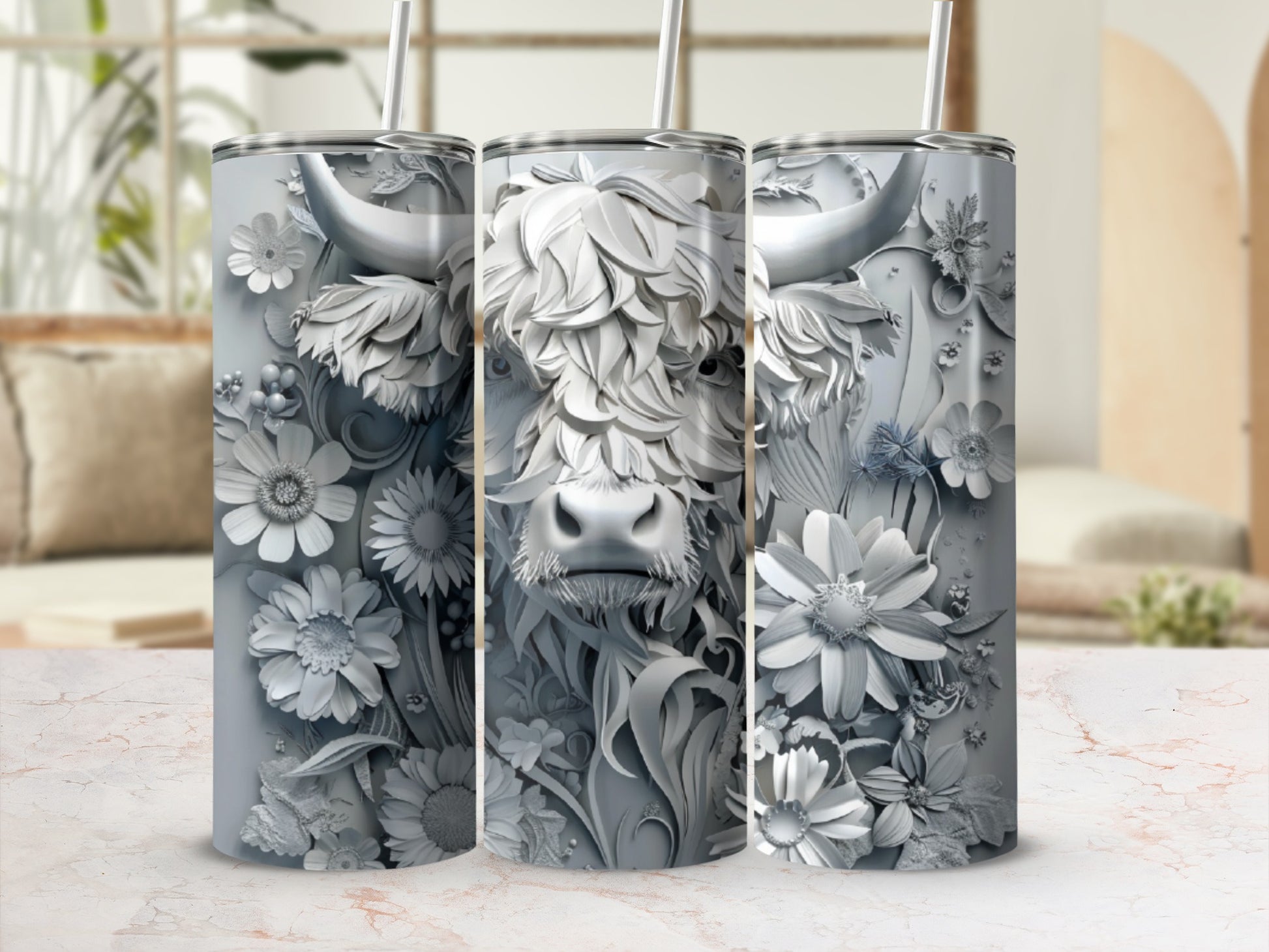 Gray Highland cow with floral embellishments on a tumbler.