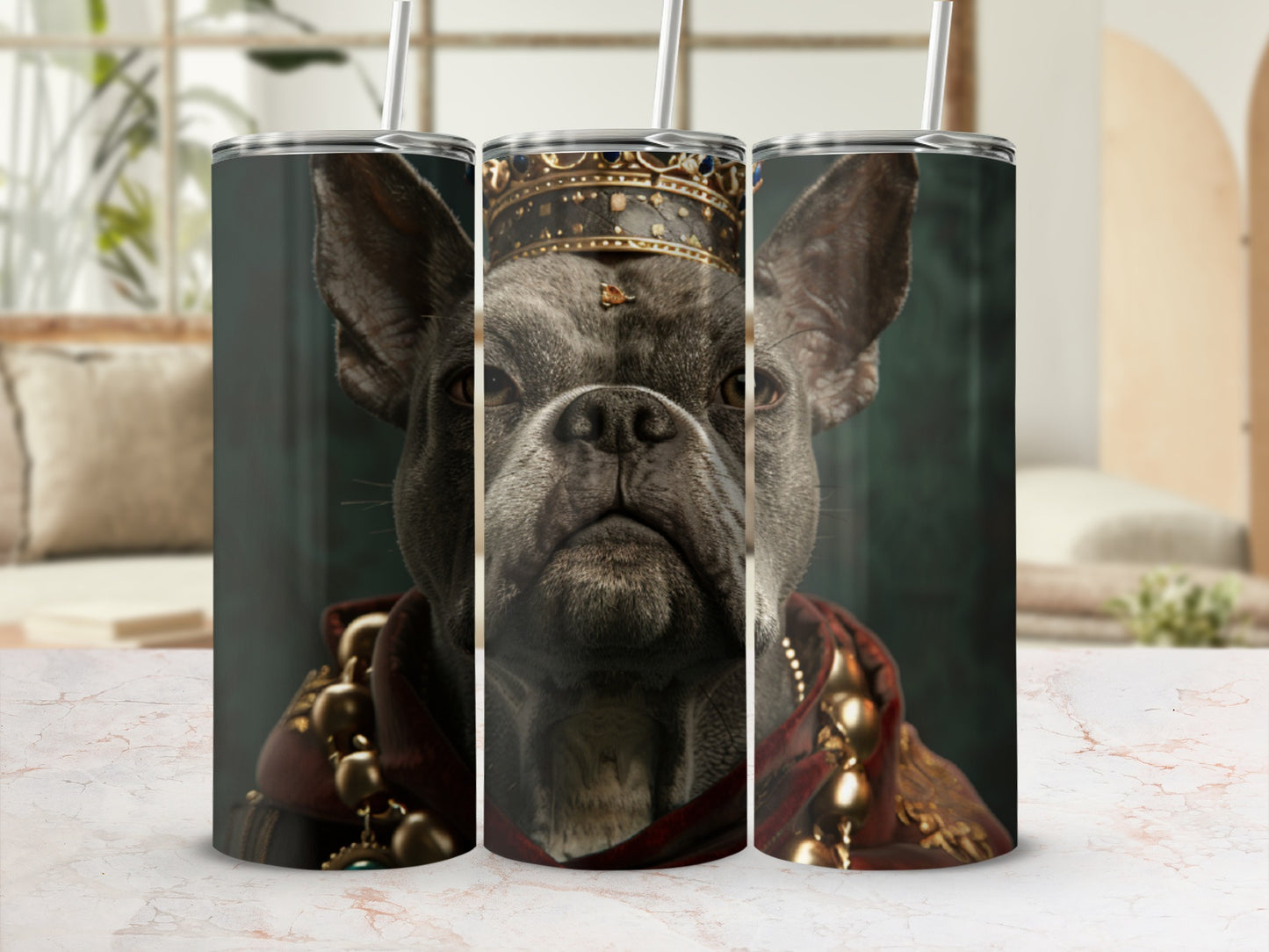 French bulldog wearing a crown and regal robe.