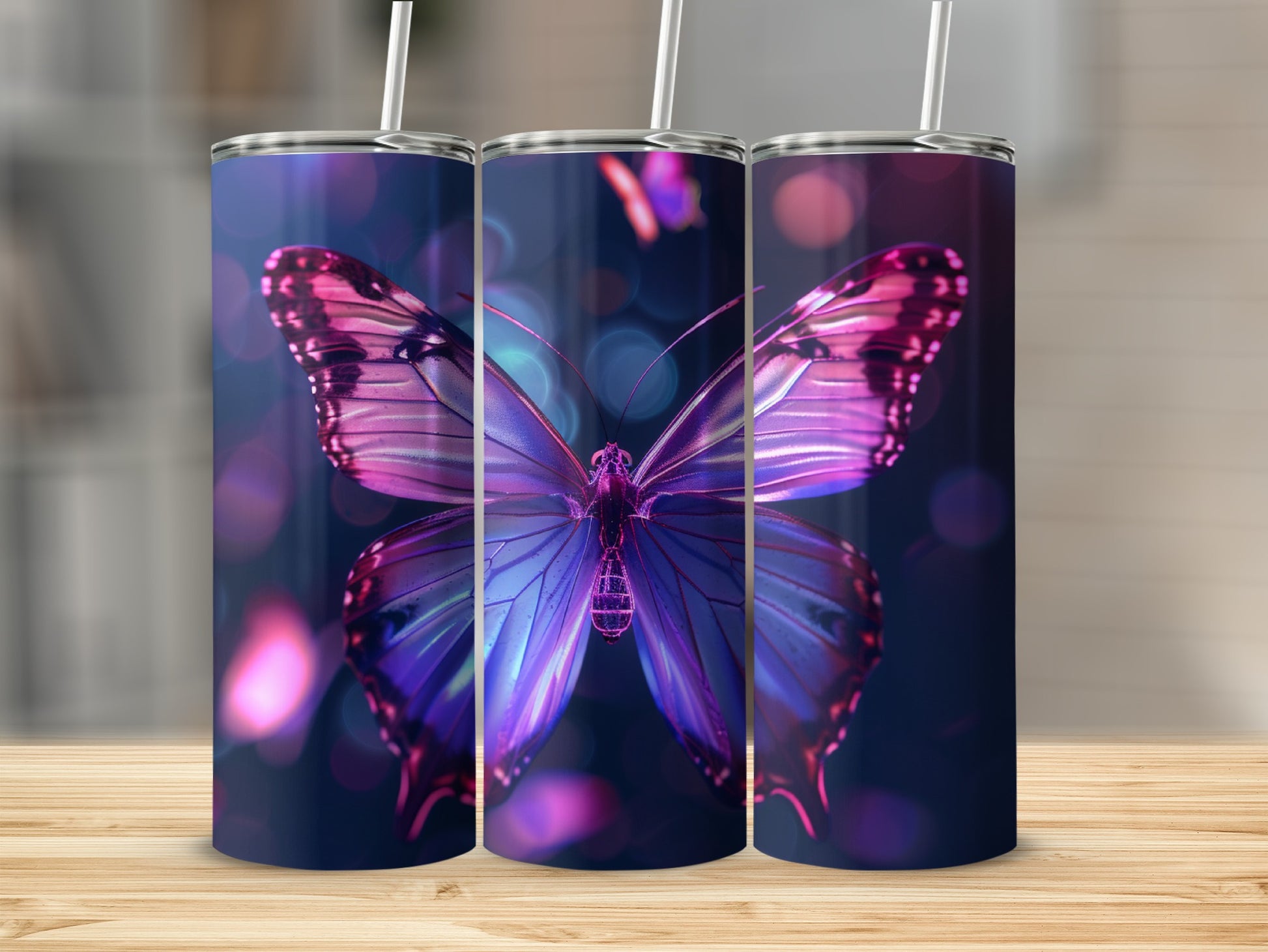 Purple butterfly tumbler with blurred bokeh lights.