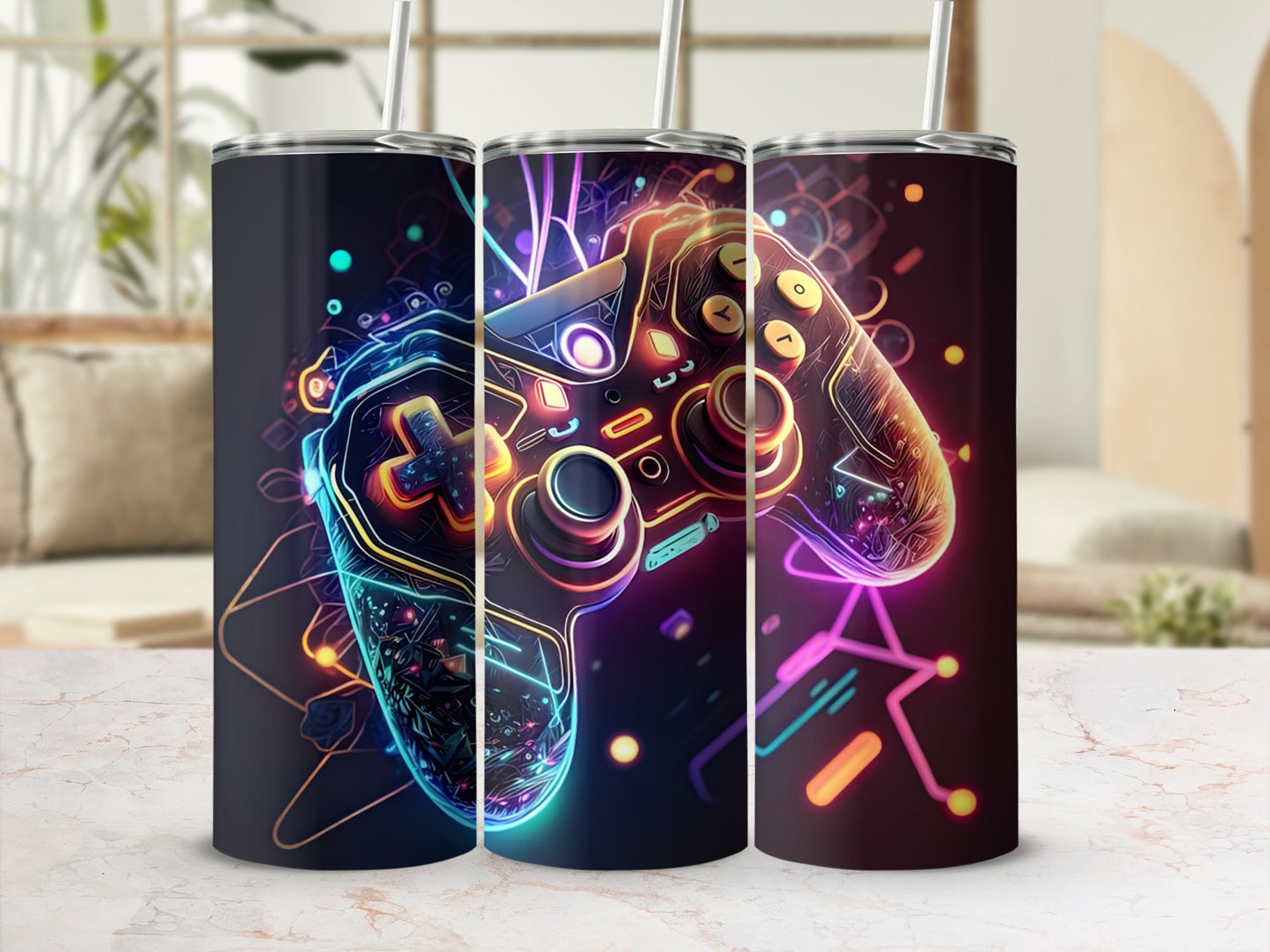 Black tumbler with neon glowing video game controller design.