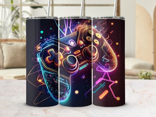 Black tumbler with neon glowing video game controller design.