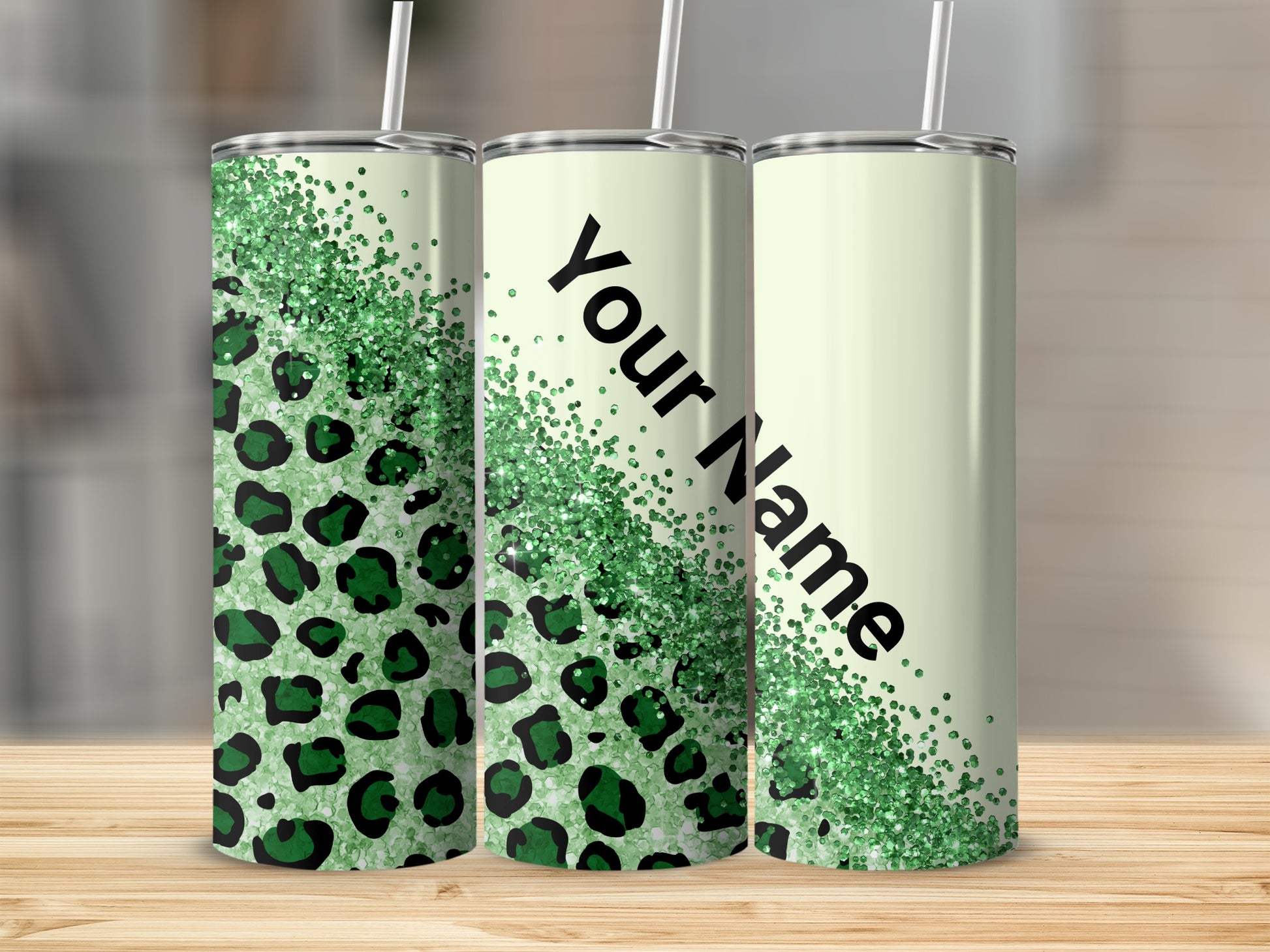 Customizable Green Glitter Leopard Print Tumbler Cup