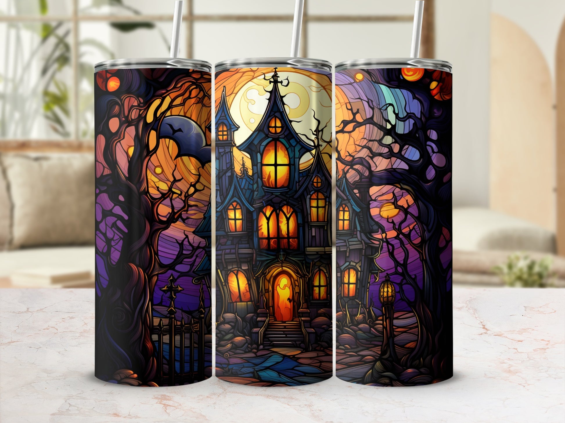 Spooky haunted house with moon and trees illustration on a tumbler.