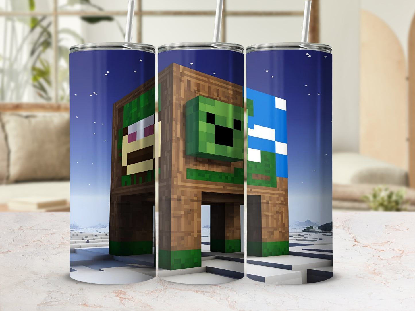 Minecraft-style zombie structure with pixelated scenery background.