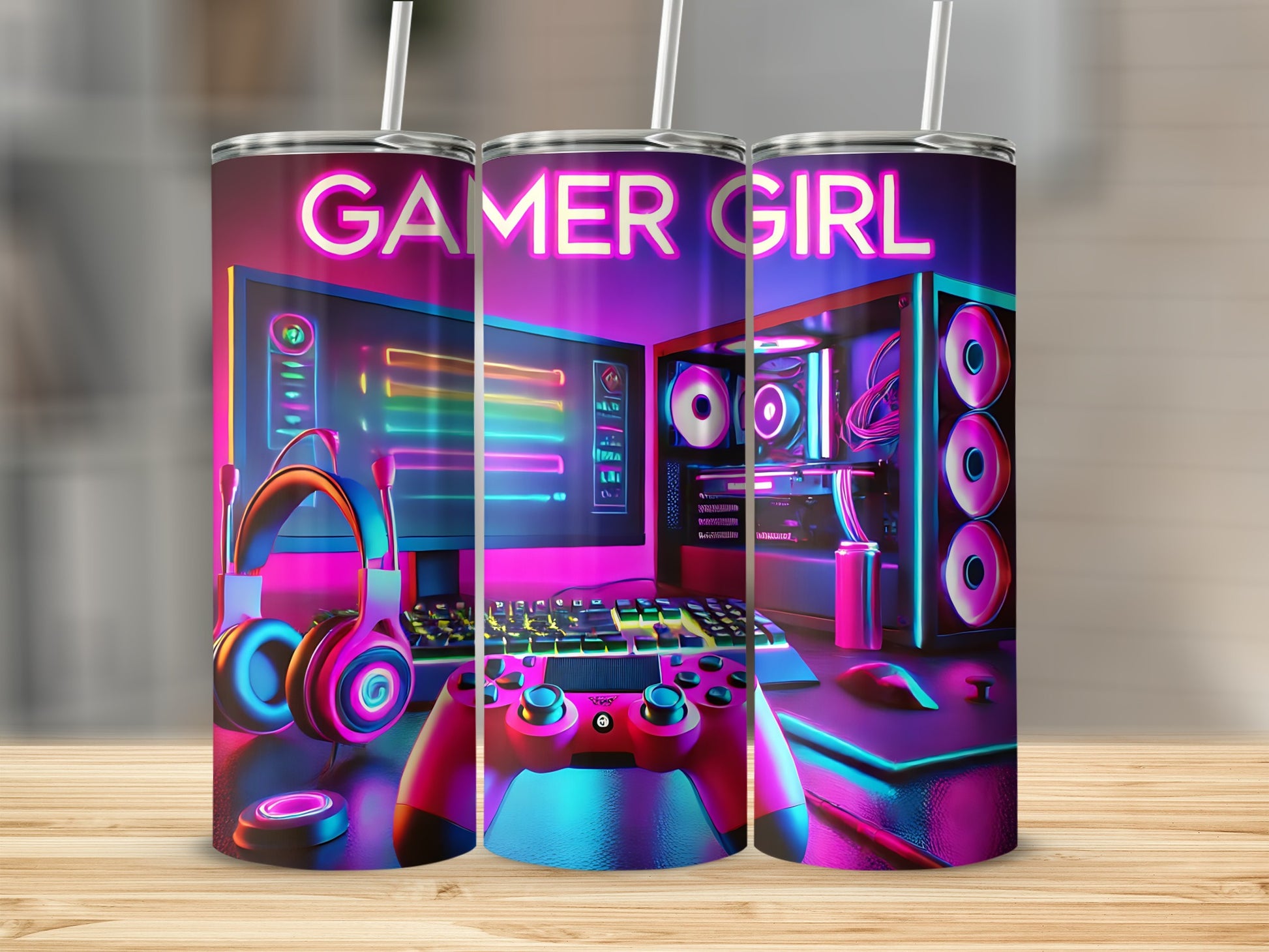 Gamer girl tumbler with gaming setup, headset, controller, and neon lights.