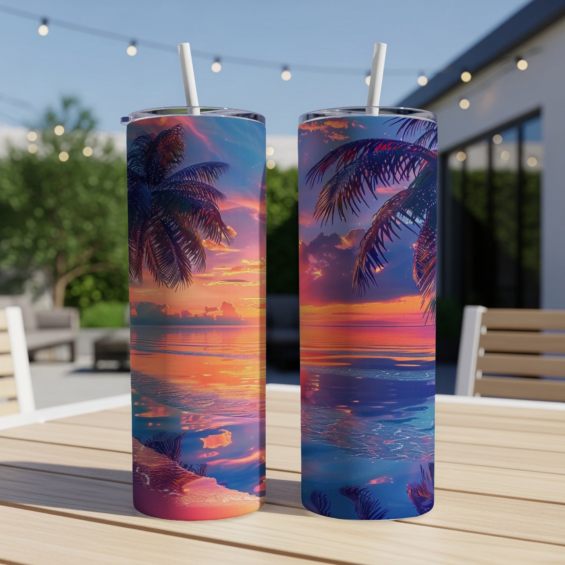 Two tumblers with a vibrant tropical sunset scene, resting on a wooden table.