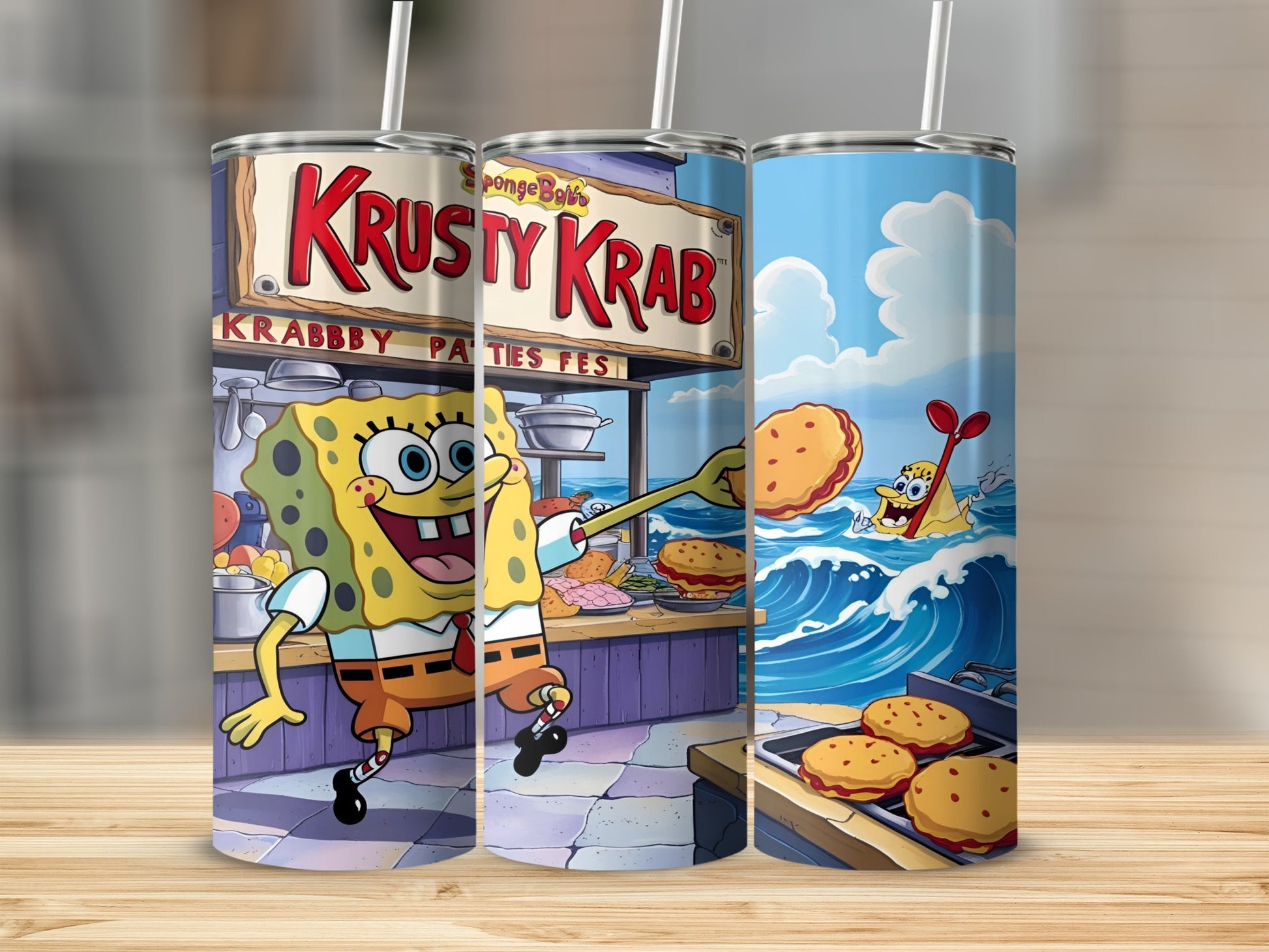 SpongeBob SquarePants Krabby Patty tumbler with character and ocean scene.