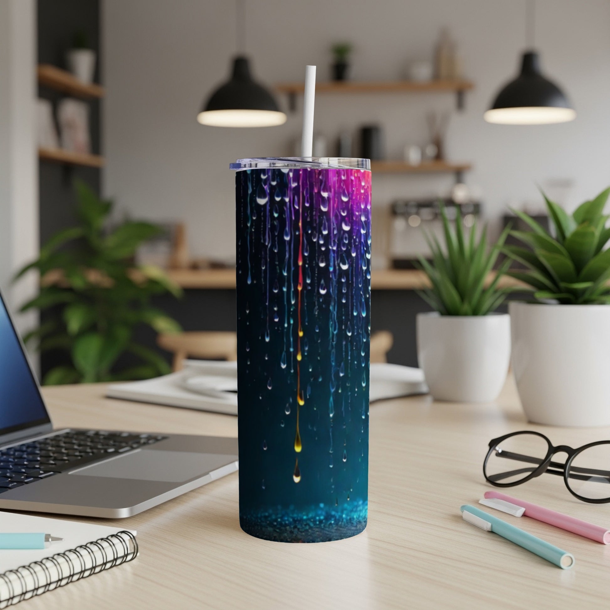 Tumbler with colorful dripping paint design and white straw.