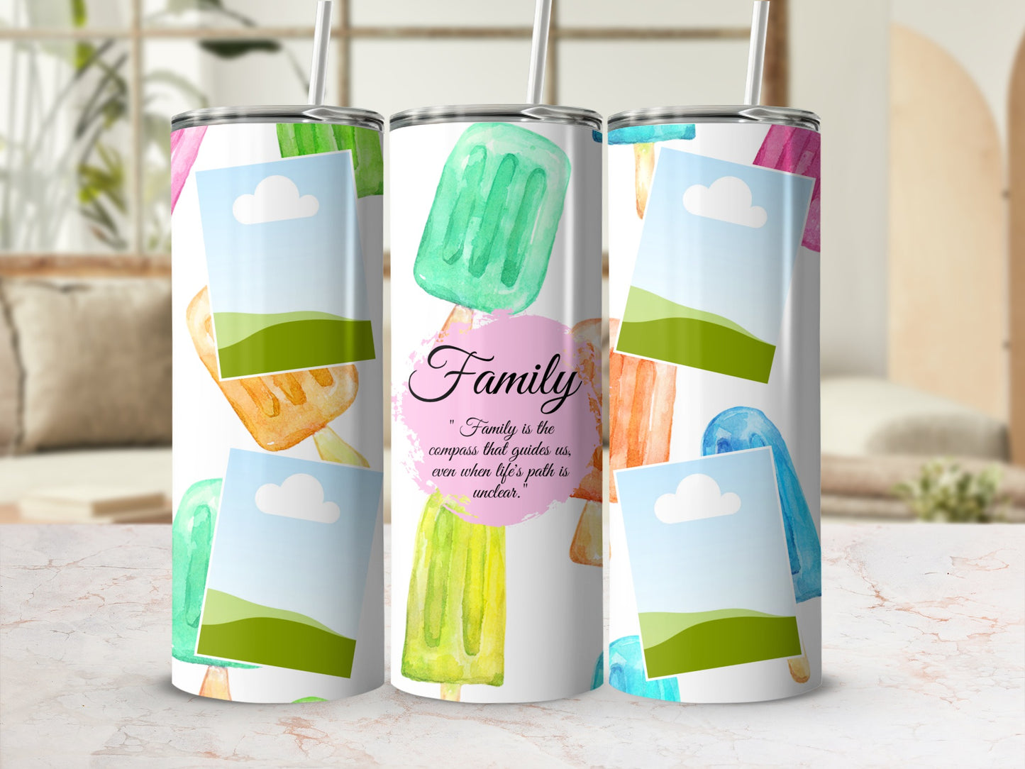 Tumbler with watercolor popsicles and "Family" quote with photo placeholders.