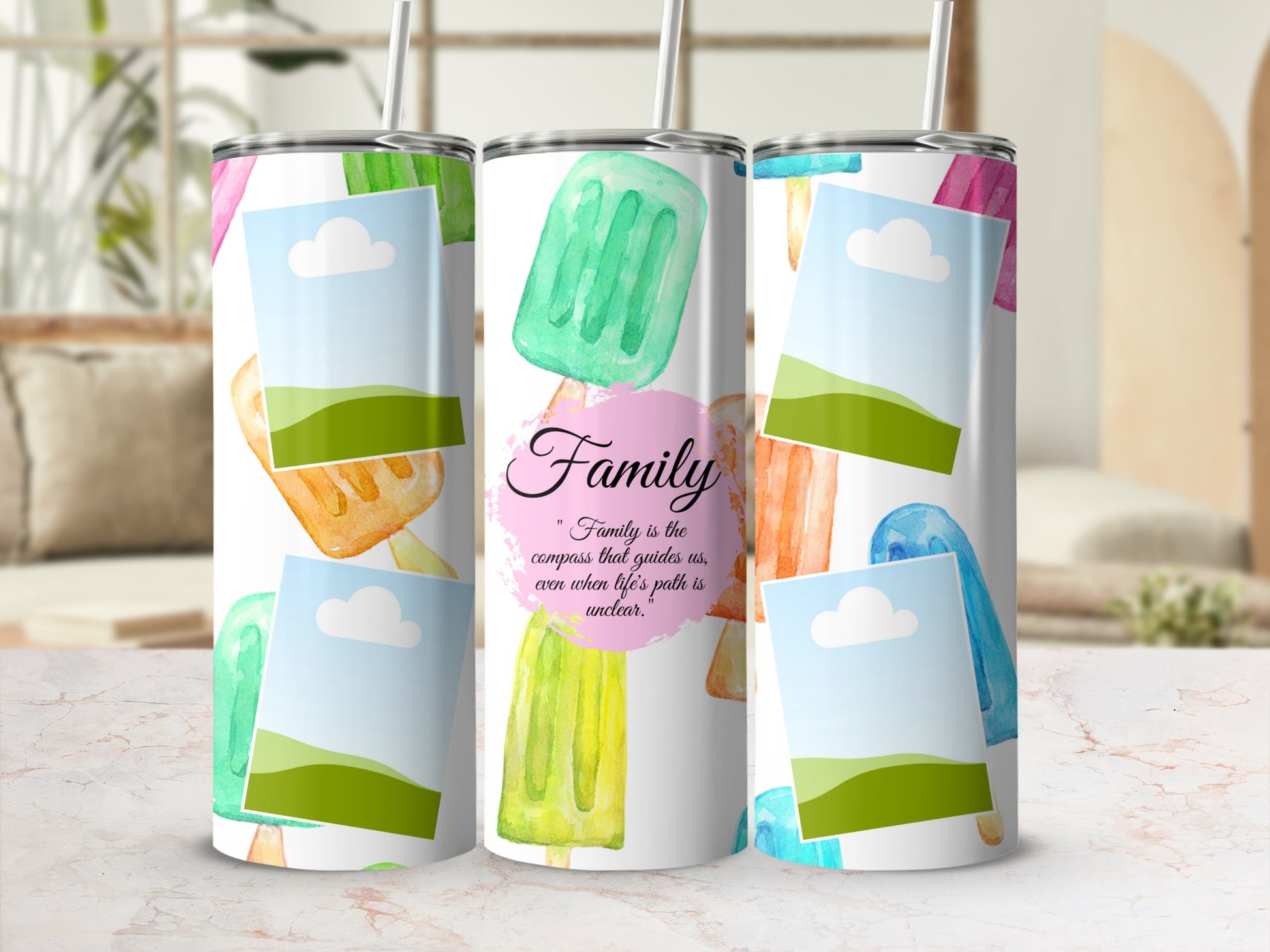 Tumbler with watercolor popsicles and "Family" quote with photo placeholders.