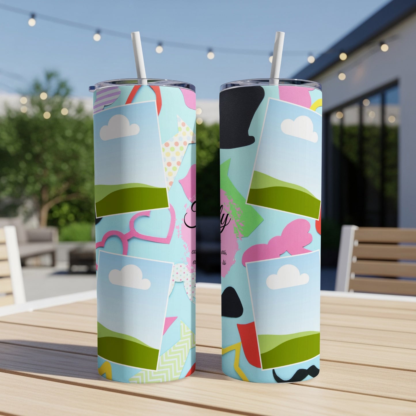 Two tumblers with a collage of photo frames, clouds, and party props.