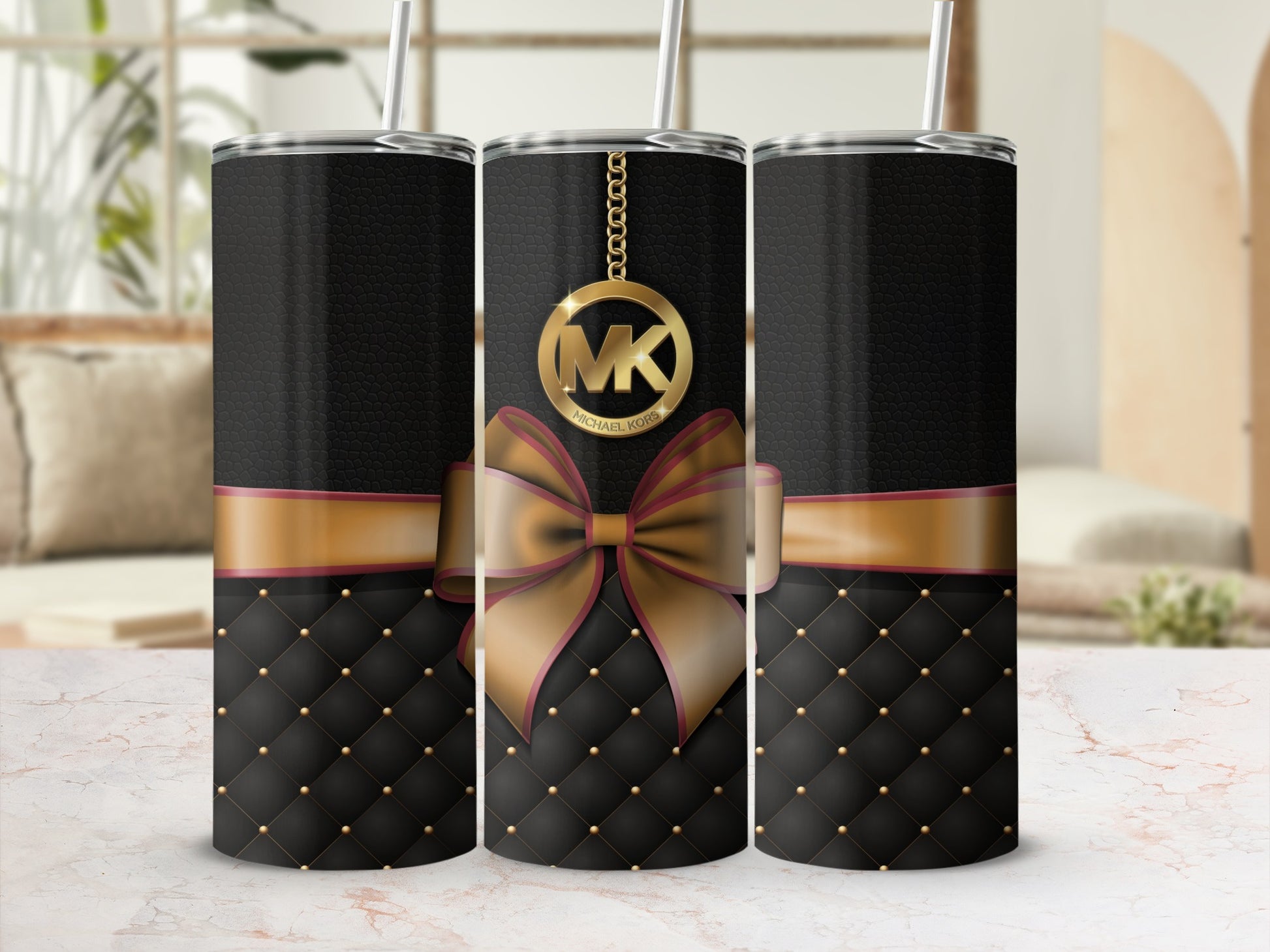 Black and Gold Quilted Pattern Tumbler with Bow Design