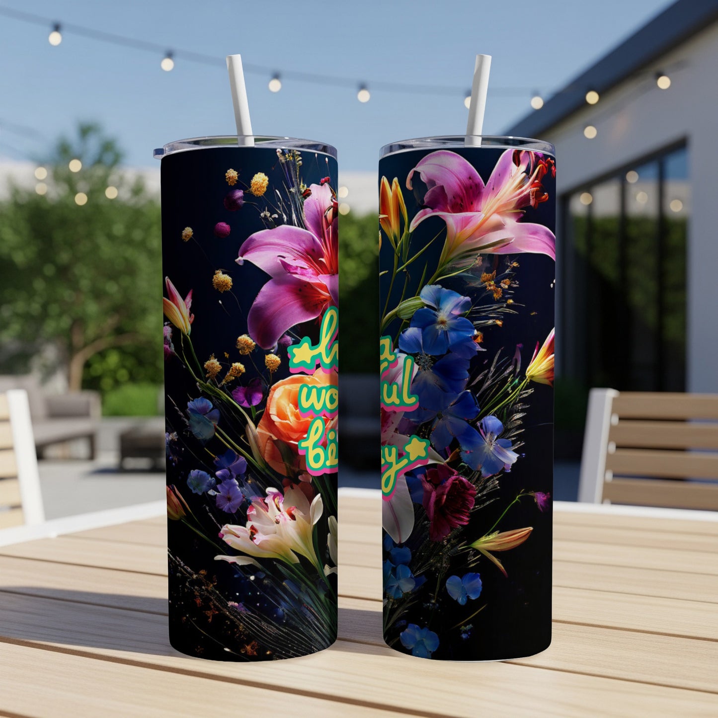 Floral tumbler with "Happy Birthday" text on dark background.