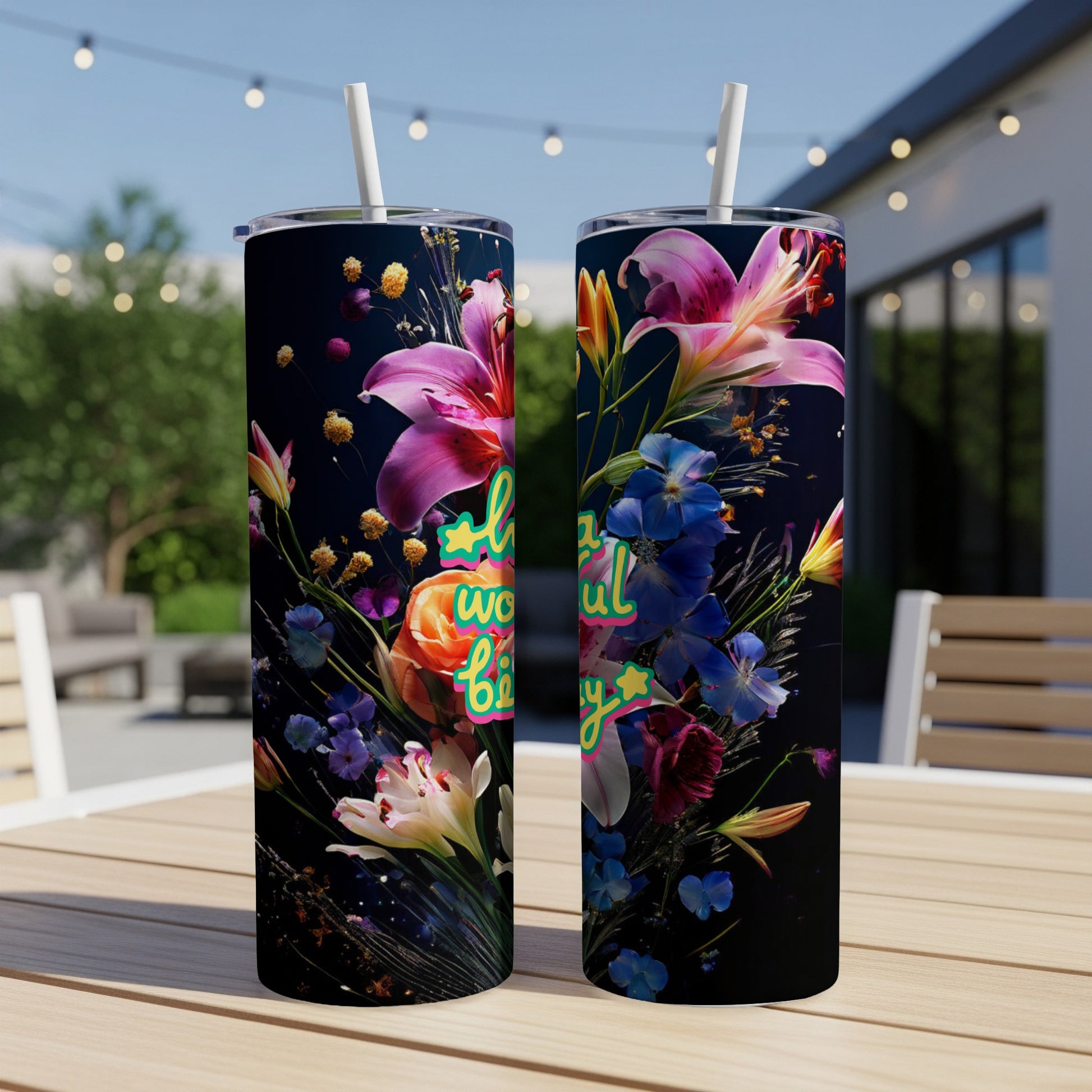 Floral tumbler with "Happy Birthday" text on dark background.