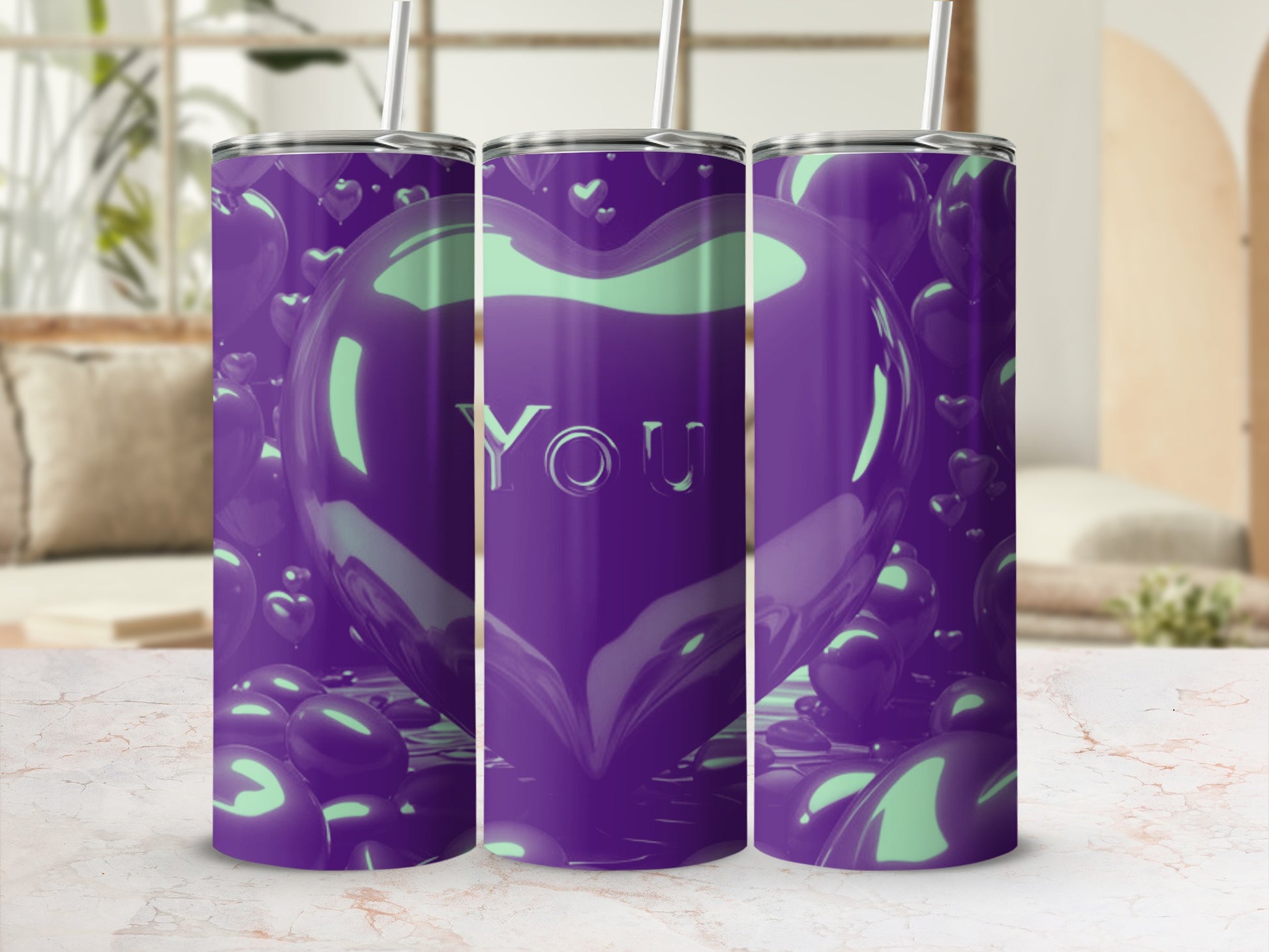 Purple heart tumbler with "YOU" text on a shelf.