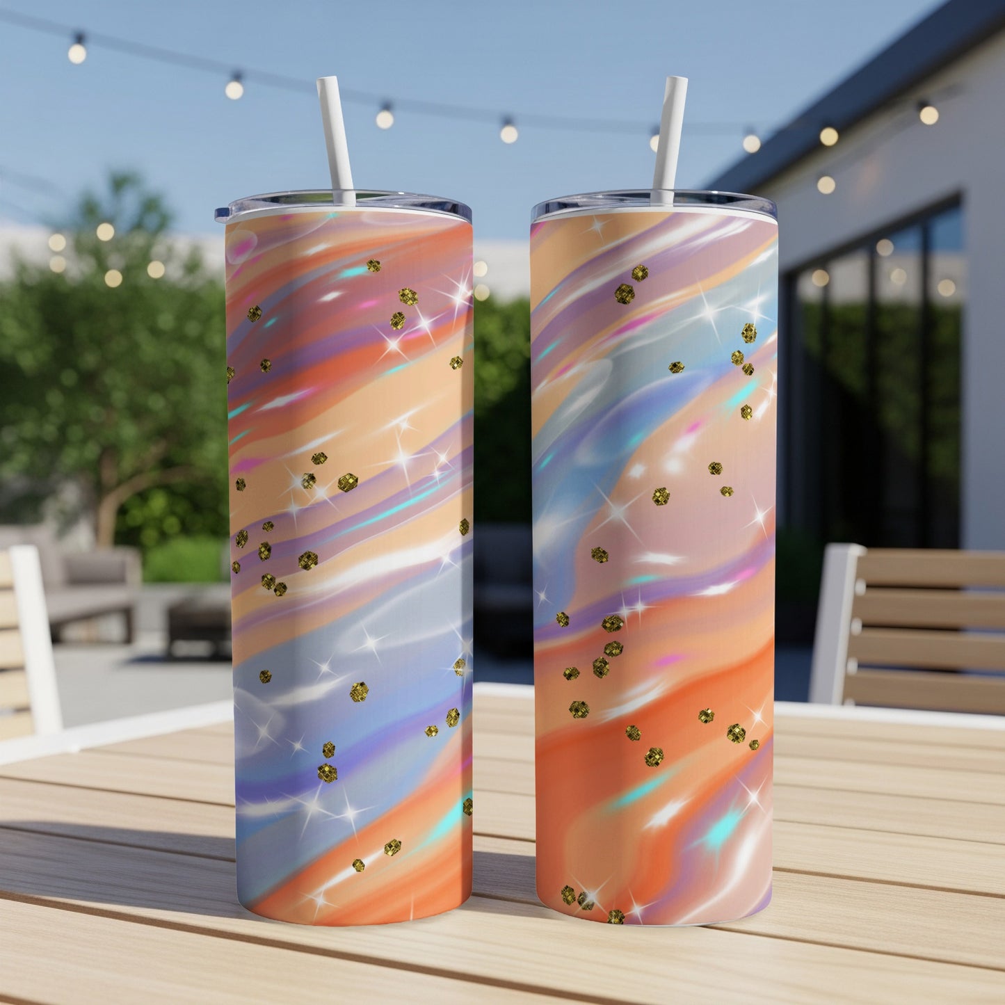 Two tumblers with swirled pastel patterns and gold glitter stars, on a table.