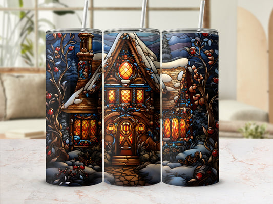 Cozy snow-covered cottage with glowing windows and berry branches.