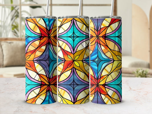 Three tumblers with stained glass geometric floral pattern.