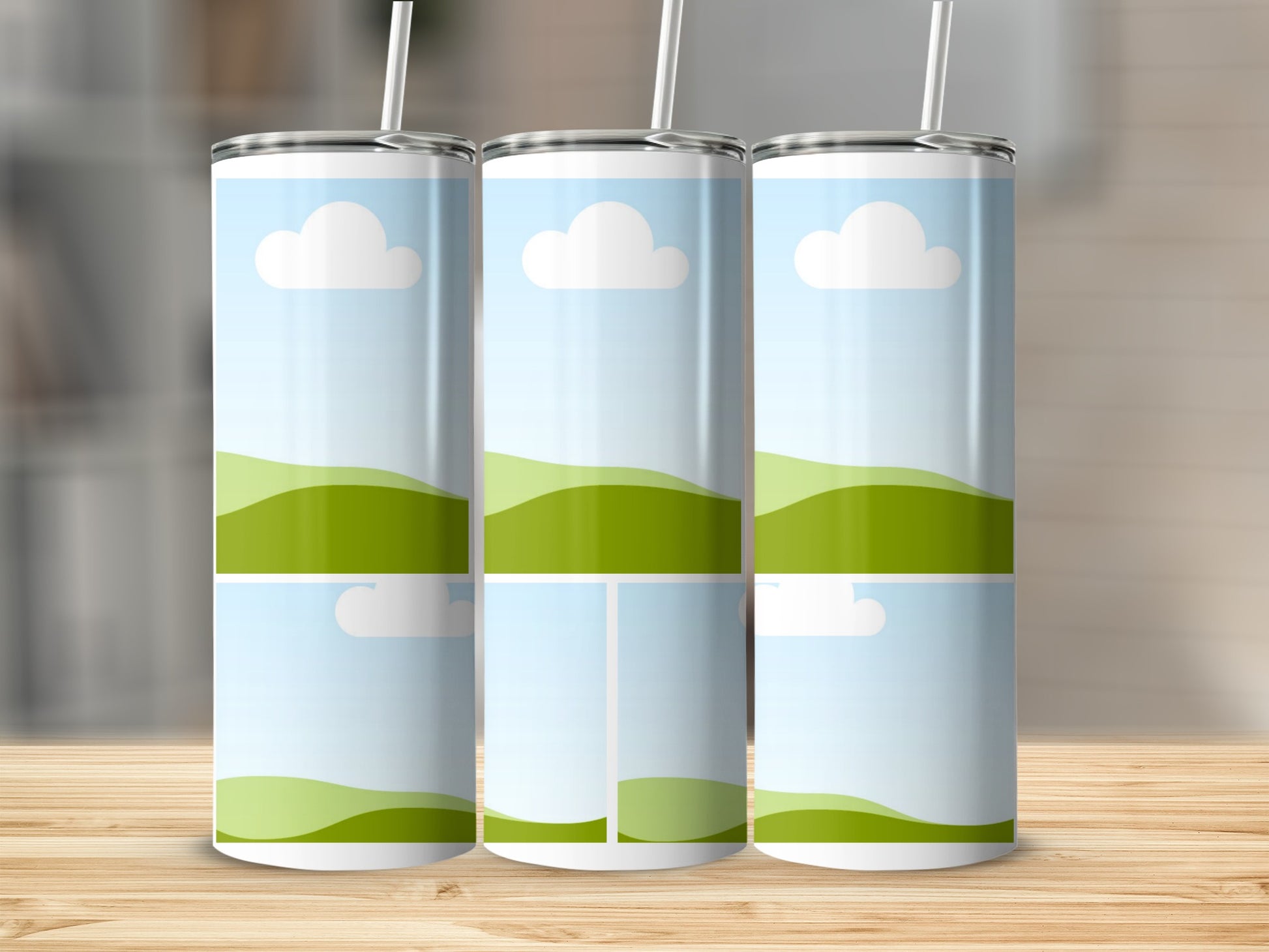 Three tumblers with sky and rolling green hills design