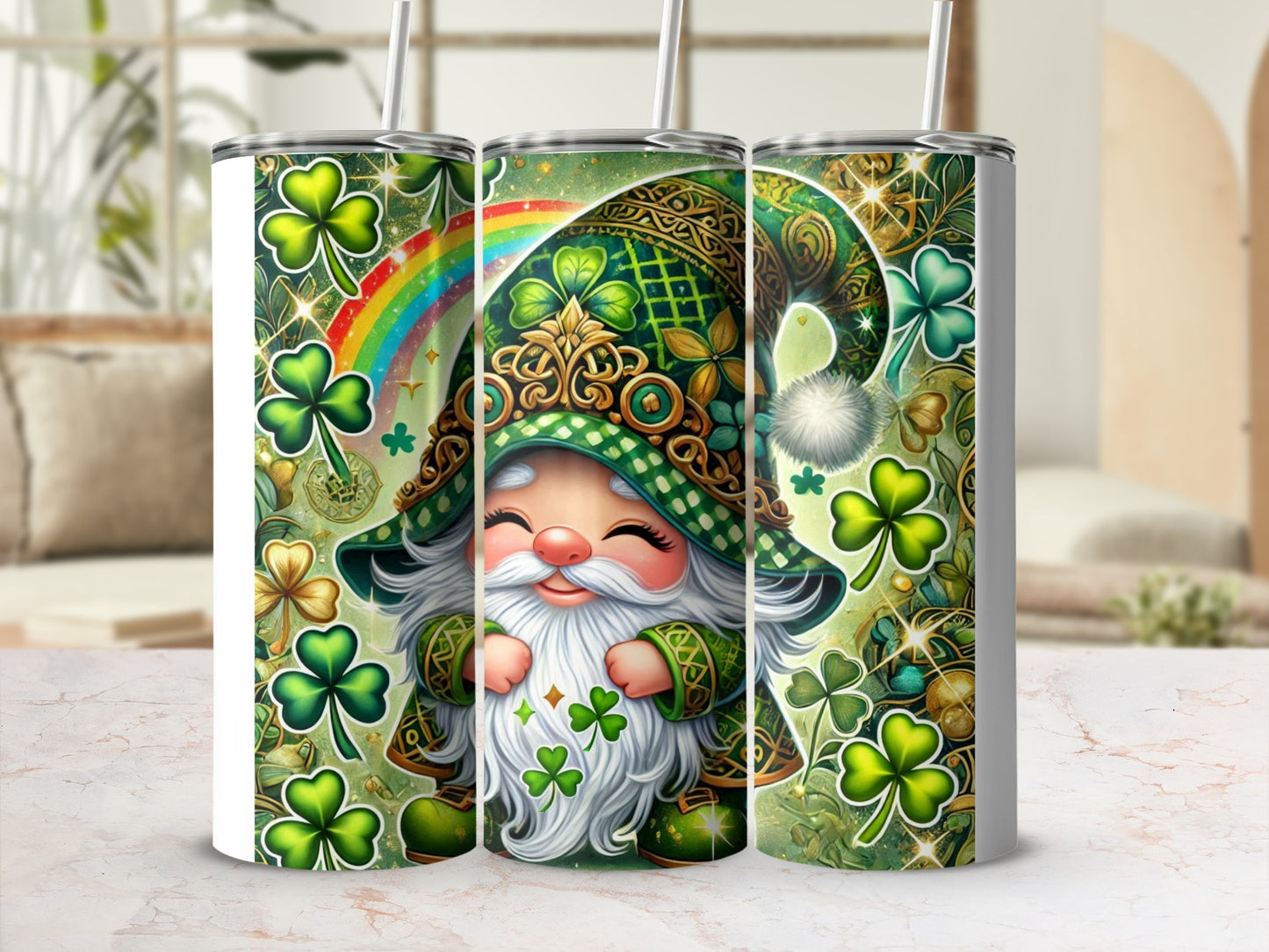 Green gnome with shamrocks and rainbow pattern on a tumbler.