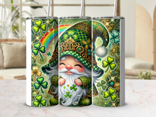 Green gnome with shamrocks and rainbow pattern on a tumbler.