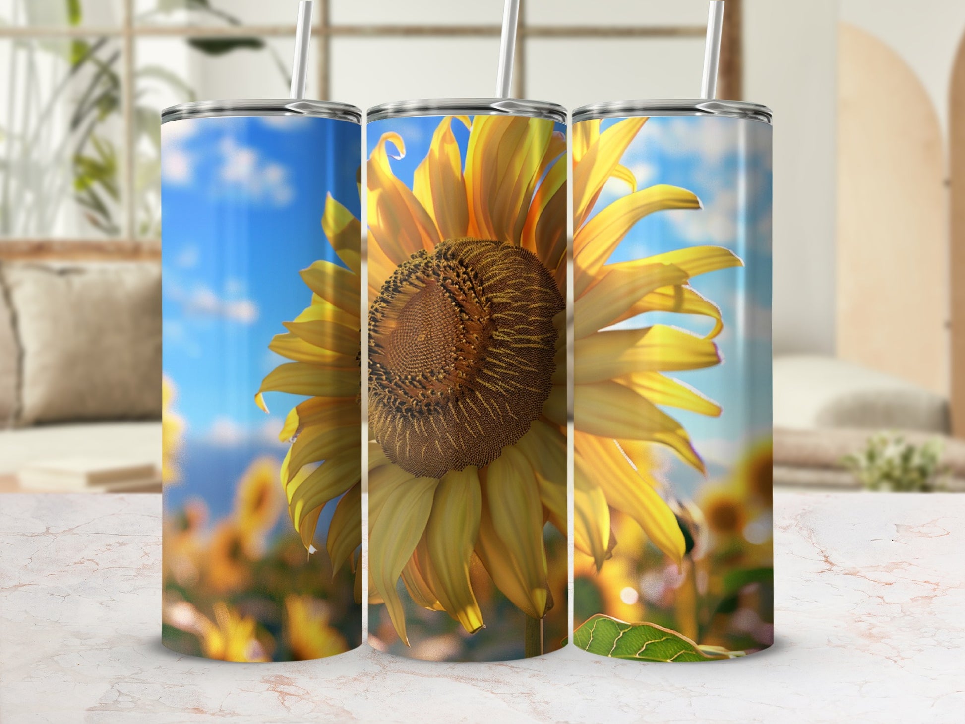 Sunflower on a white marble surface with a blurred background.