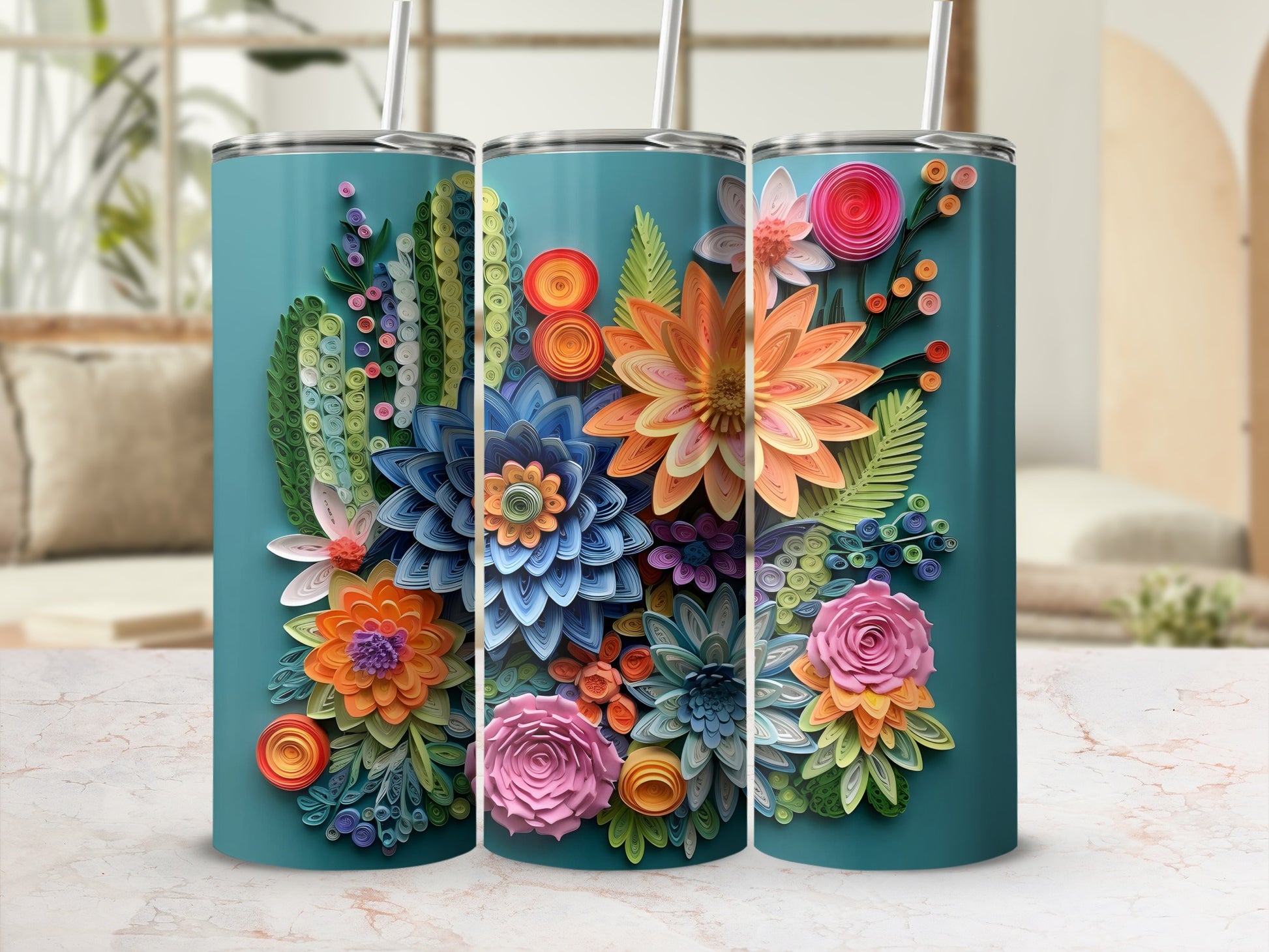 Colorful Floral Paper Quilling Design Tumbler Cup