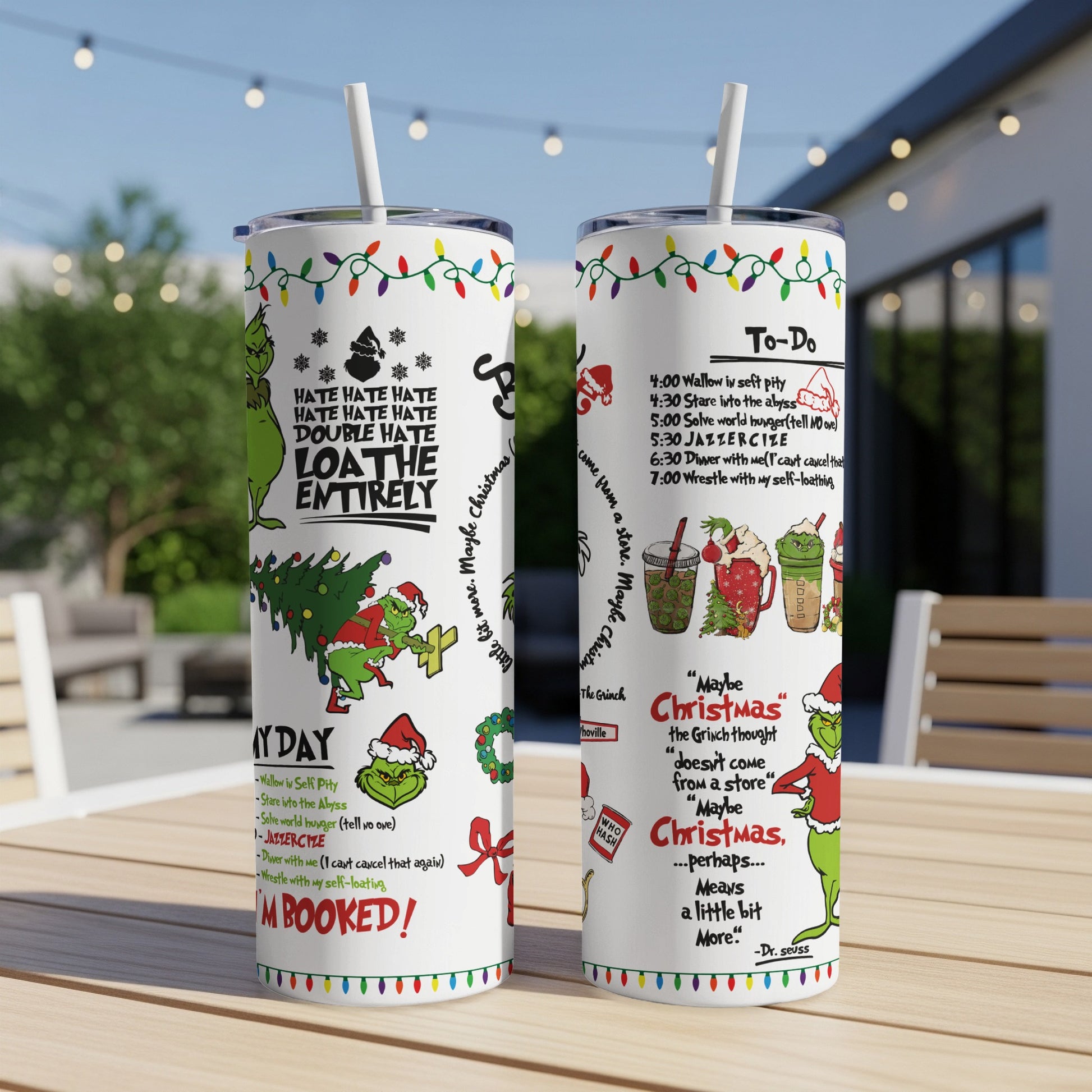 The Grinch-themed tumbler with "Loathe the Entirely" and a to-do list.