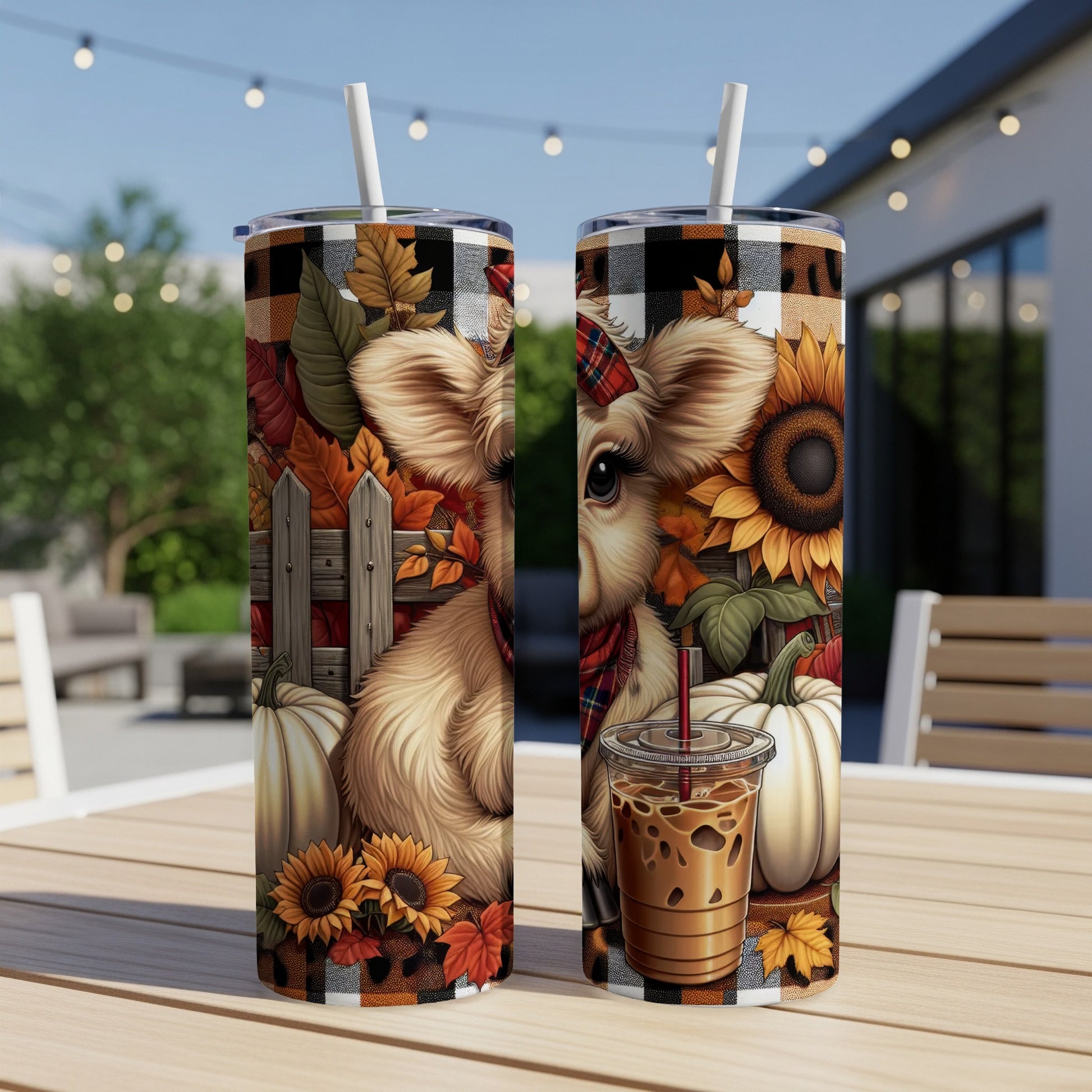 Two tumblers with a cow, sunflowers, pumpkins, and plaid autumn design.