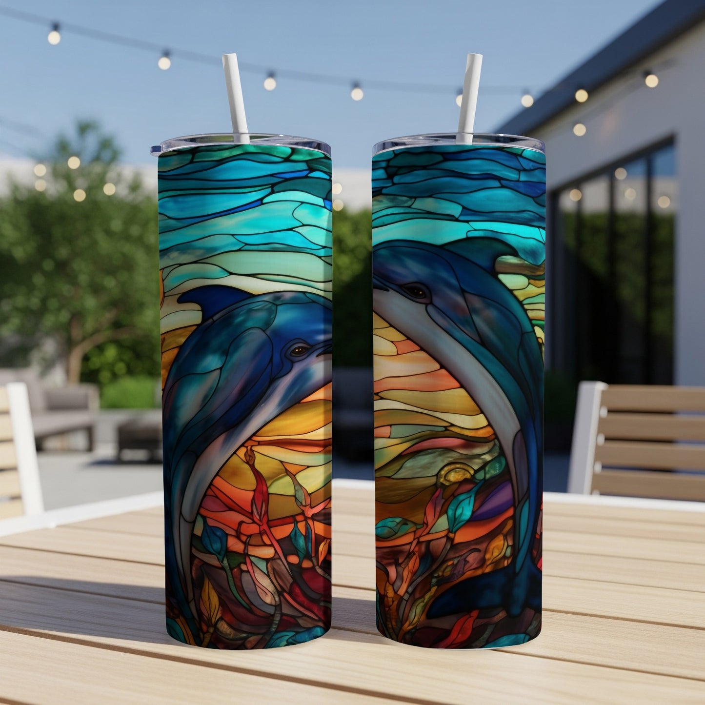 Two stained glass tumblers featuring leaping dolphins against a colorful, abstract background.