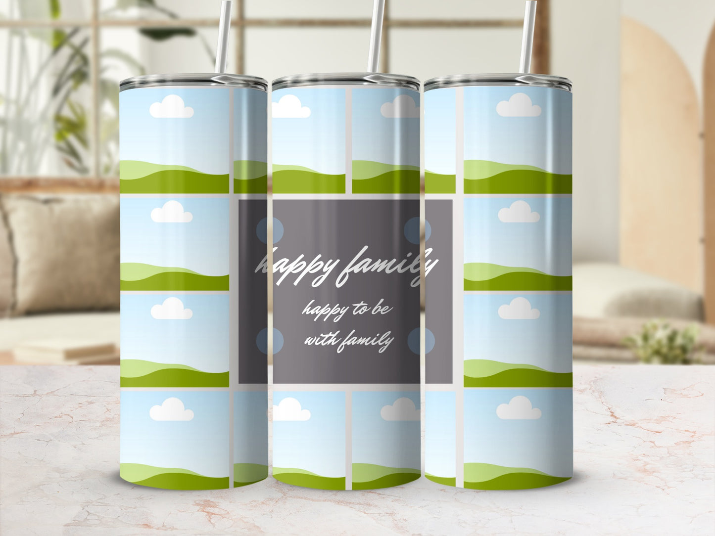 Tumbler with "happy family happy to be with family" text and landscape photos.