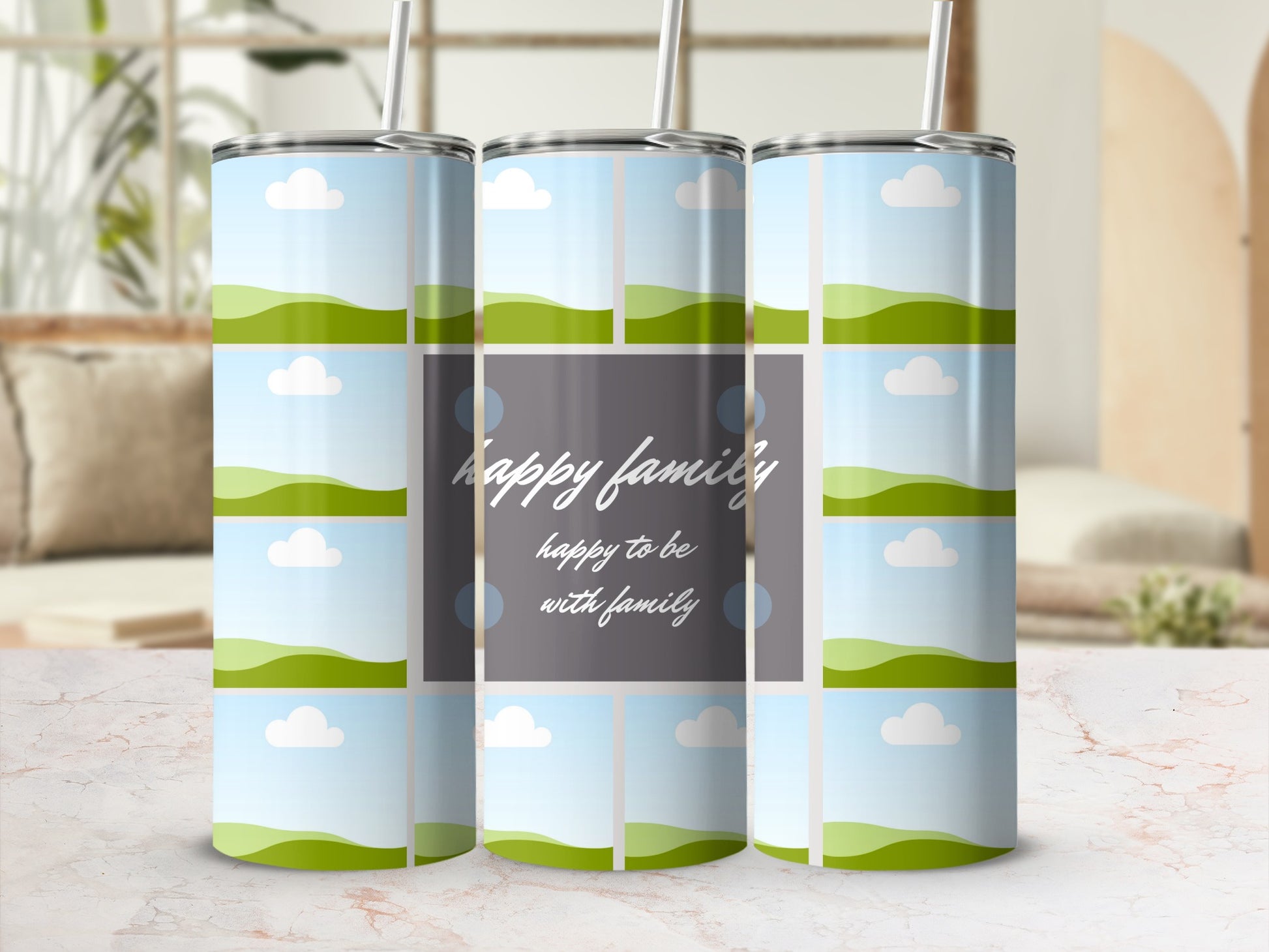 Tumbler with "happy family happy to be with family" text and landscape photos.