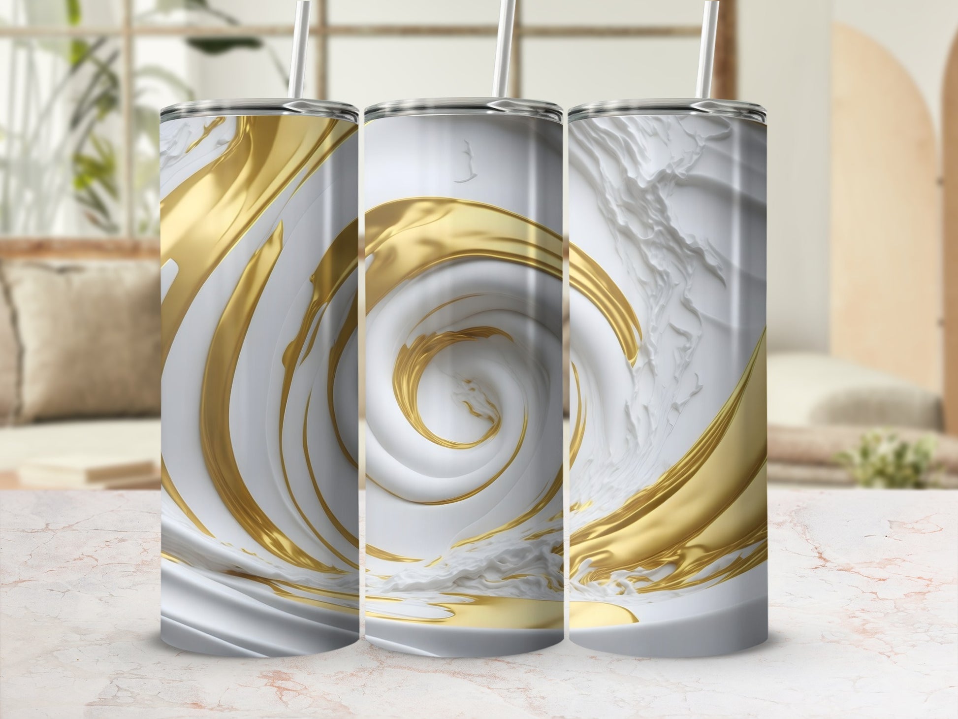 Three white tumblers with swirling gold and white marbled patterns.