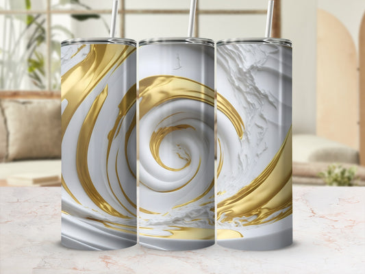 Three white tumblers with swirling gold and white marbled patterns.