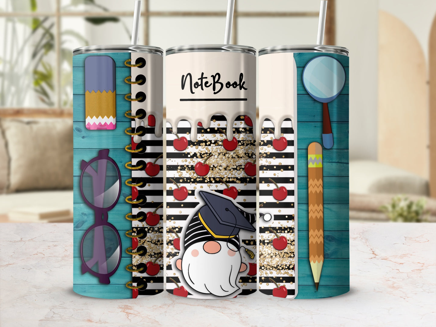 Gnome with graduation cap, apples, and school supplies on a tumbler.